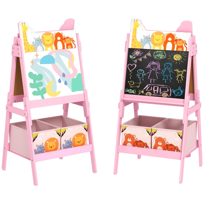 2 in 1 Kids Easel Whiteboard Chalkboard Storage Boxes Pink