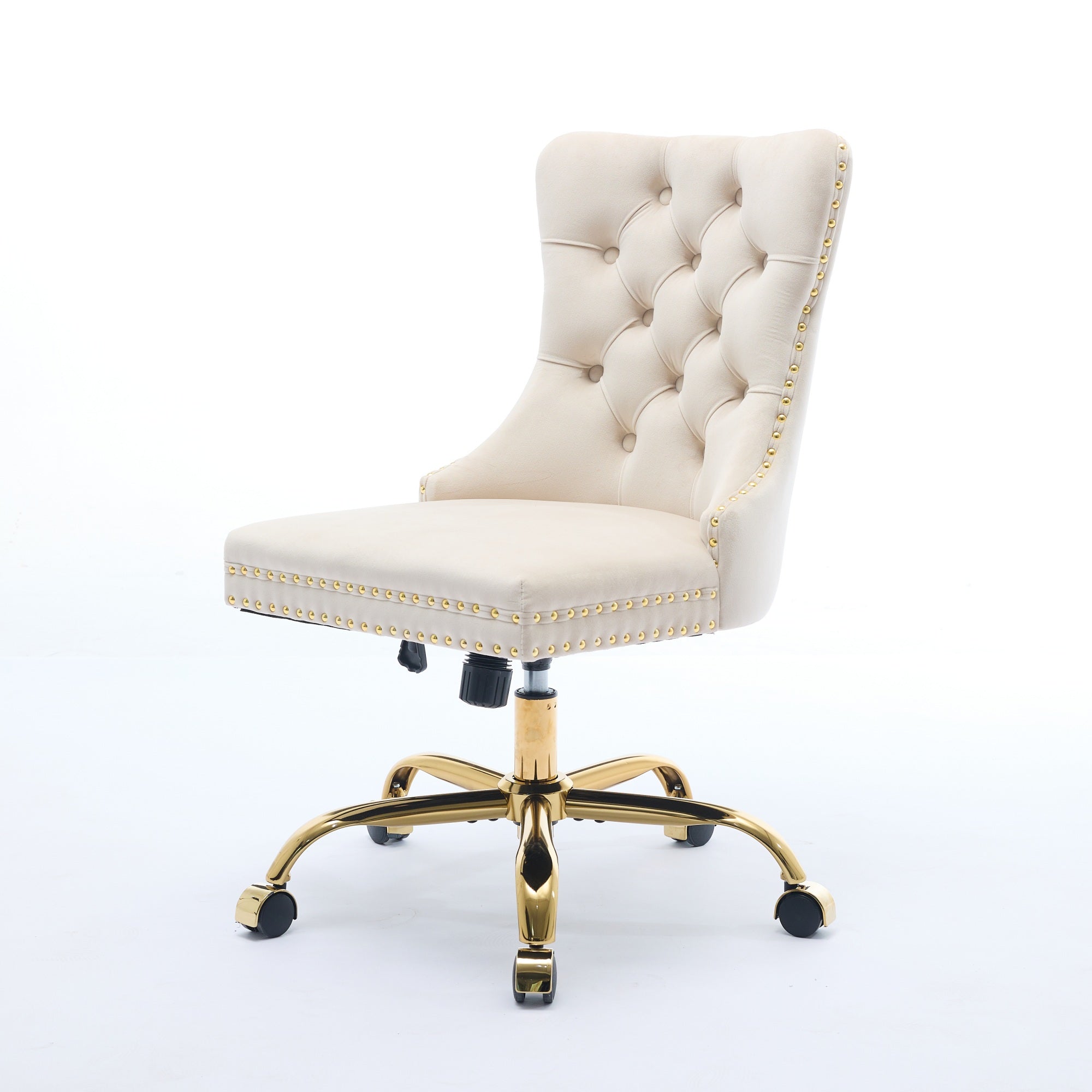 Home Office Chair Tufted Adjustable Swivel Golden Base - Beige Velvet