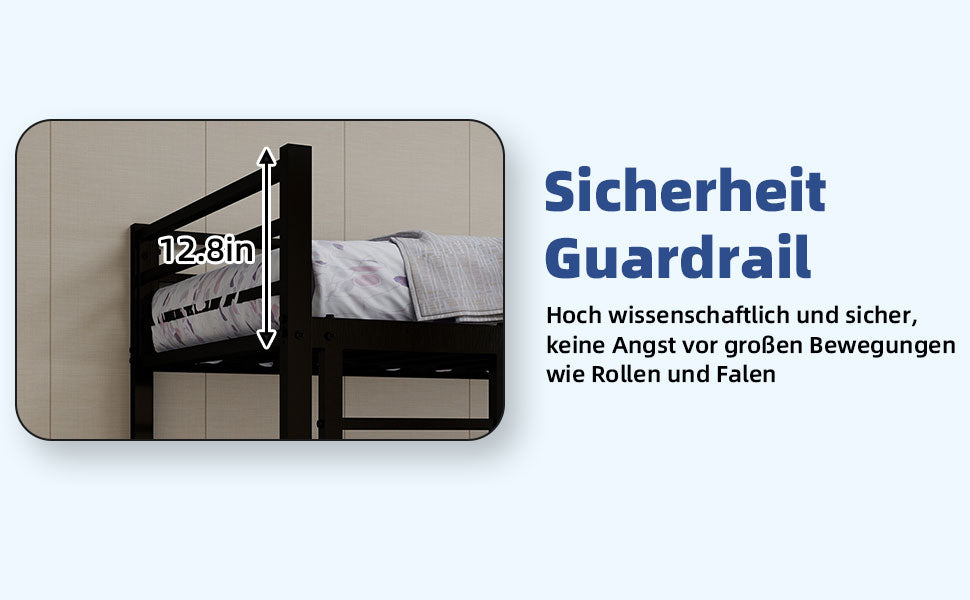 Metal Bunk Bed, Two Single Beds, Heavy-Duty, Quiet, Safety Railing, No Box Spring Required, Metal