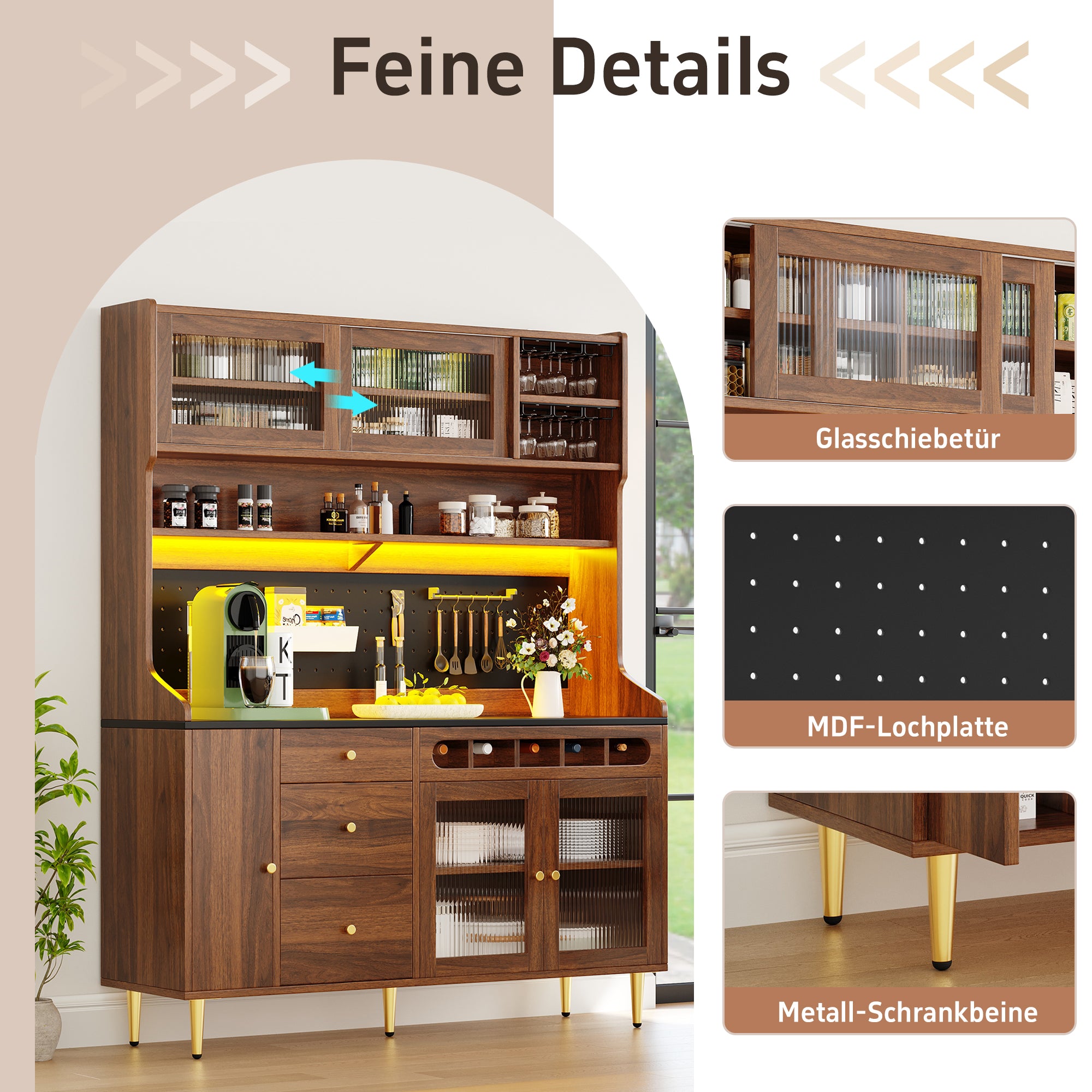 Tall Cabinet LED Lighting Wine Rack Adjustable Shelves 145x39x171cm Walnut Color