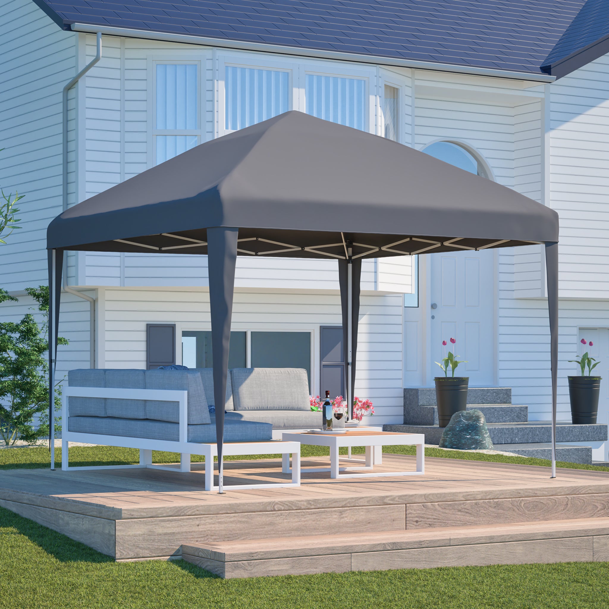 Pop-up Gazebo, Height-Adjustable Folding Garden with 4 Sandbags & Carrying Bag, Gray