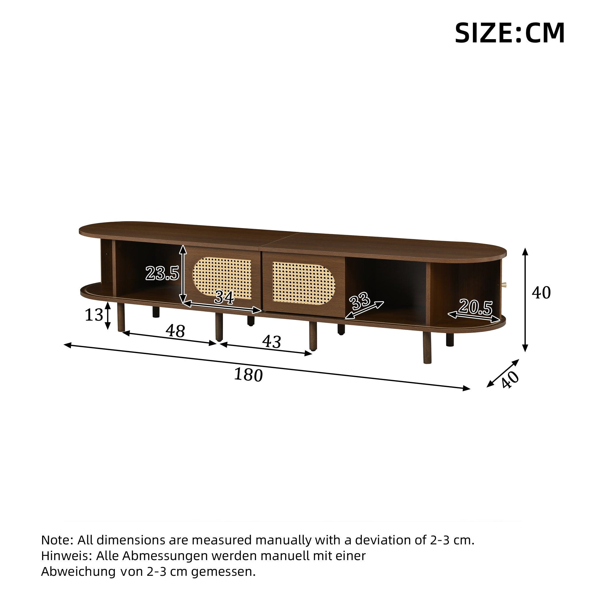 Oval TV Stand 180cm Rattan Design with 2 Sliding Doors Dark Walnut