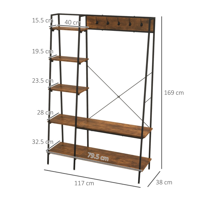 Clothes Rail Metal Rack with Shoe Rack, 5 Tier Shelves, 5 Hooks, Rustic Brown and Black Metal