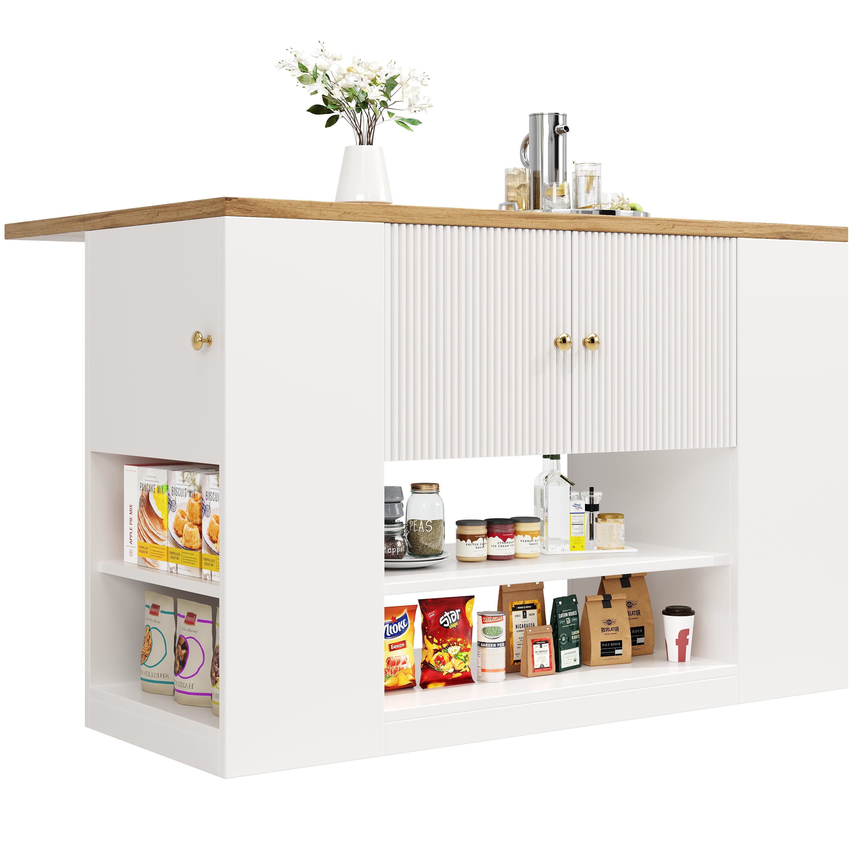 Modern Kitchen Island Sideboard with Drawers and Shelves - White
