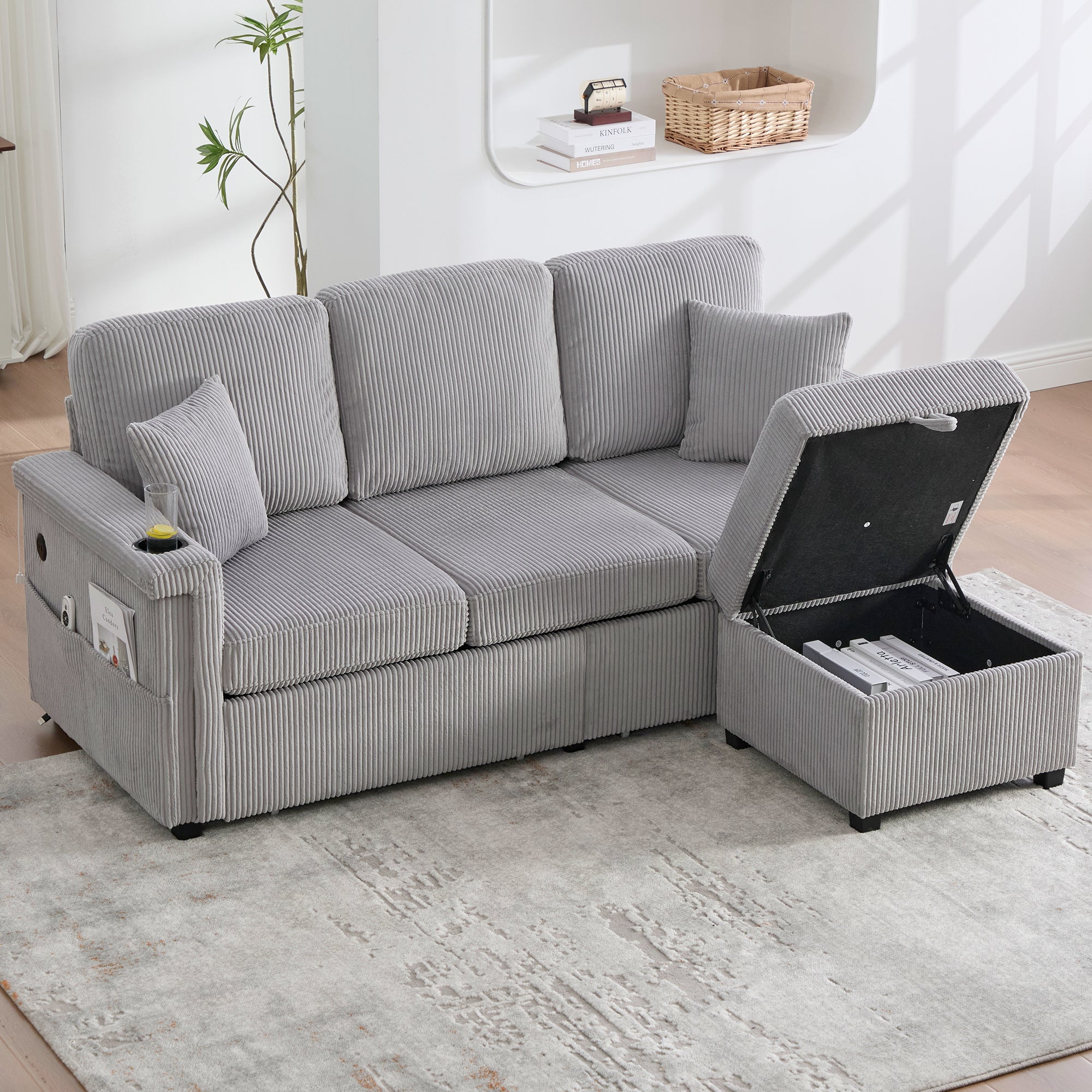 Velvet Sofa, LED, USB-C, Storage Ottoman, Cup Holders, Side Pockets - Light Gray