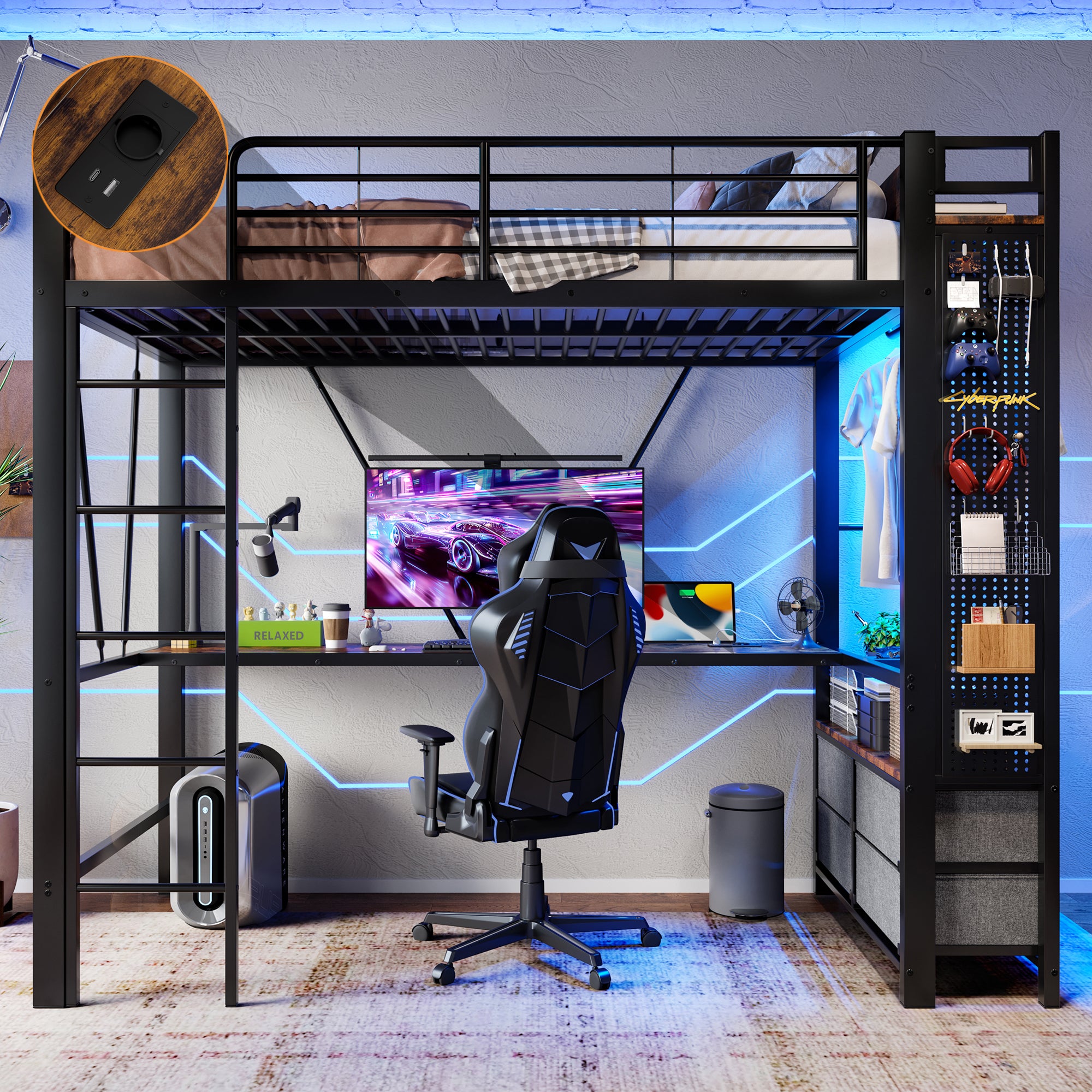 Loft Bed 90x200cm with Desk, Drying Rack, Storage, USB/Type-C & LED - Black Iron Frame