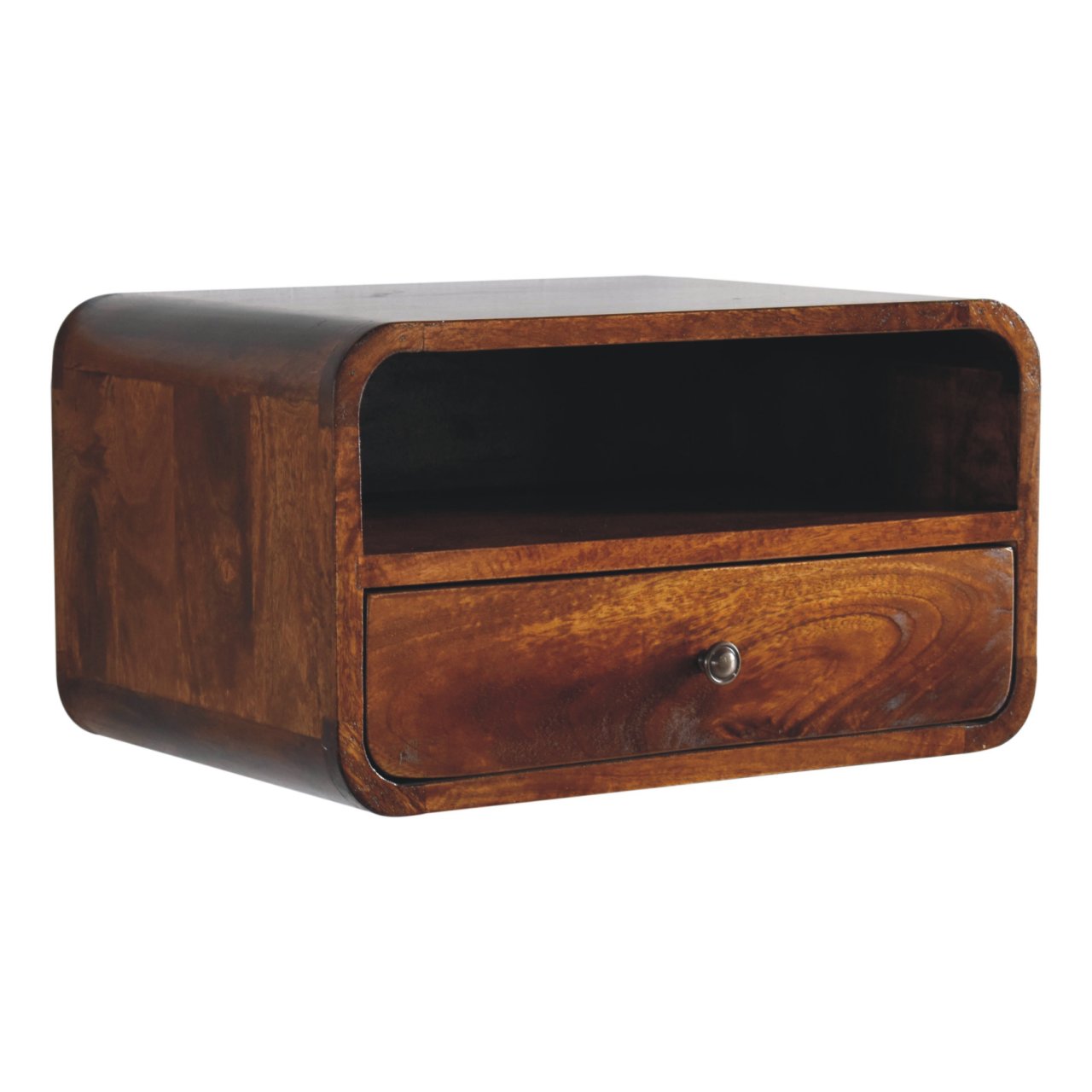 Solid Wood Floating Bedside, Large Curve 1 Drawer Open Slot, Dark Brown