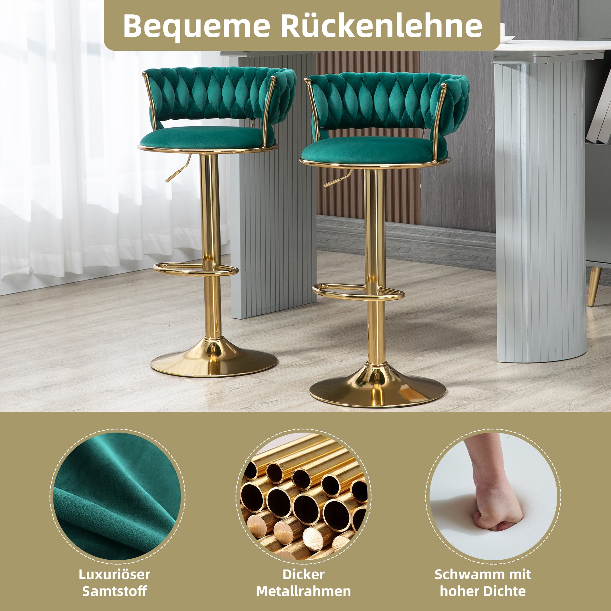 Velvet Bar Stool Set, 360° Swivel, Adjustable Height, Handcrafted Backrest, Upholstered