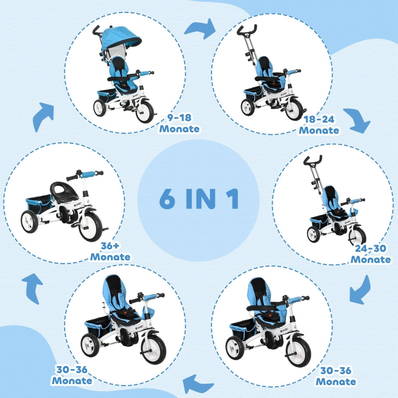 6-in-1 Tricycle with Push Bar, Sun Canopy, Safety Harness, Basket, Cup Holder, Blue