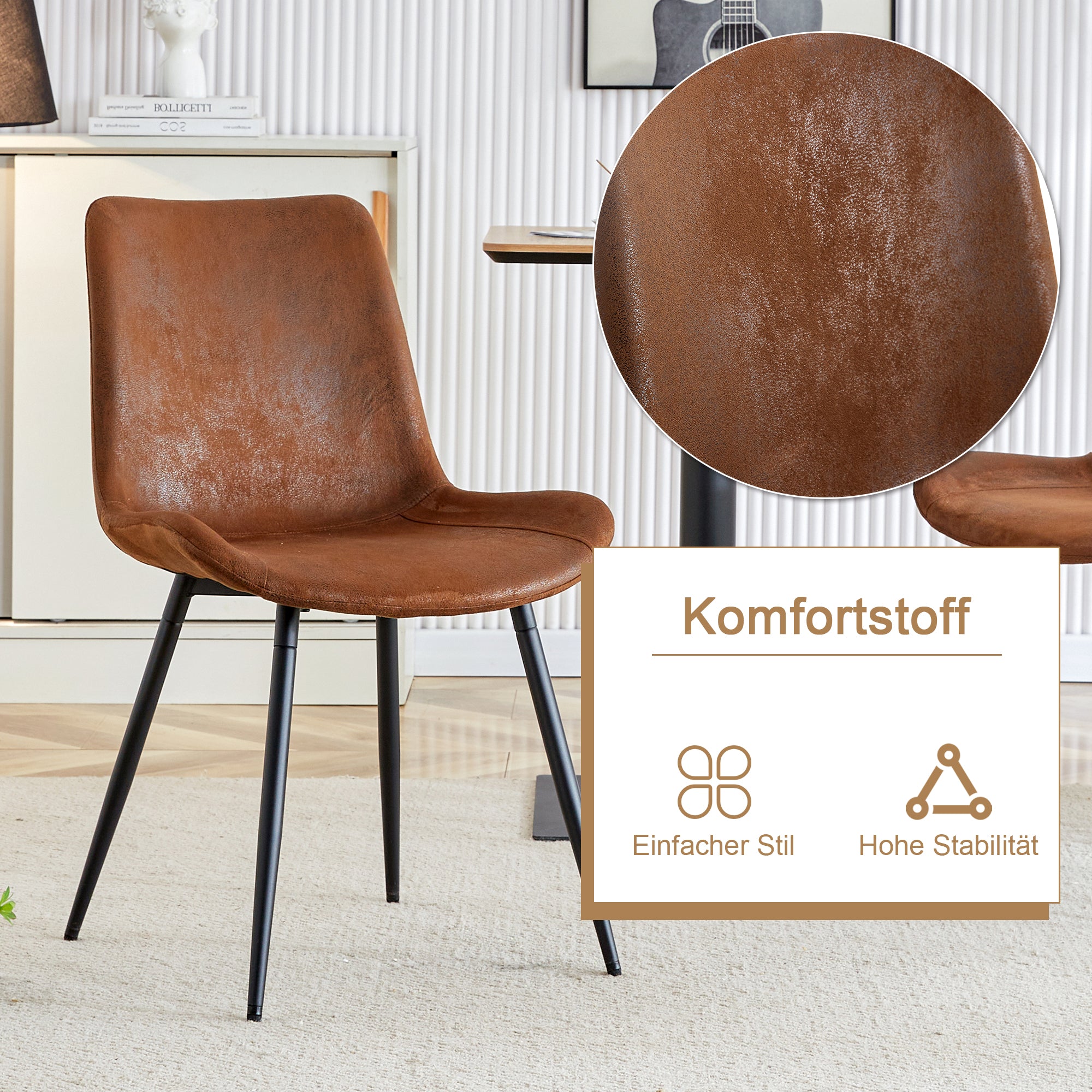 Modern Minimalist Round Table Set, 100cm Diameter, 4 Armchairs, Brown Wood/High-Tech Fabric