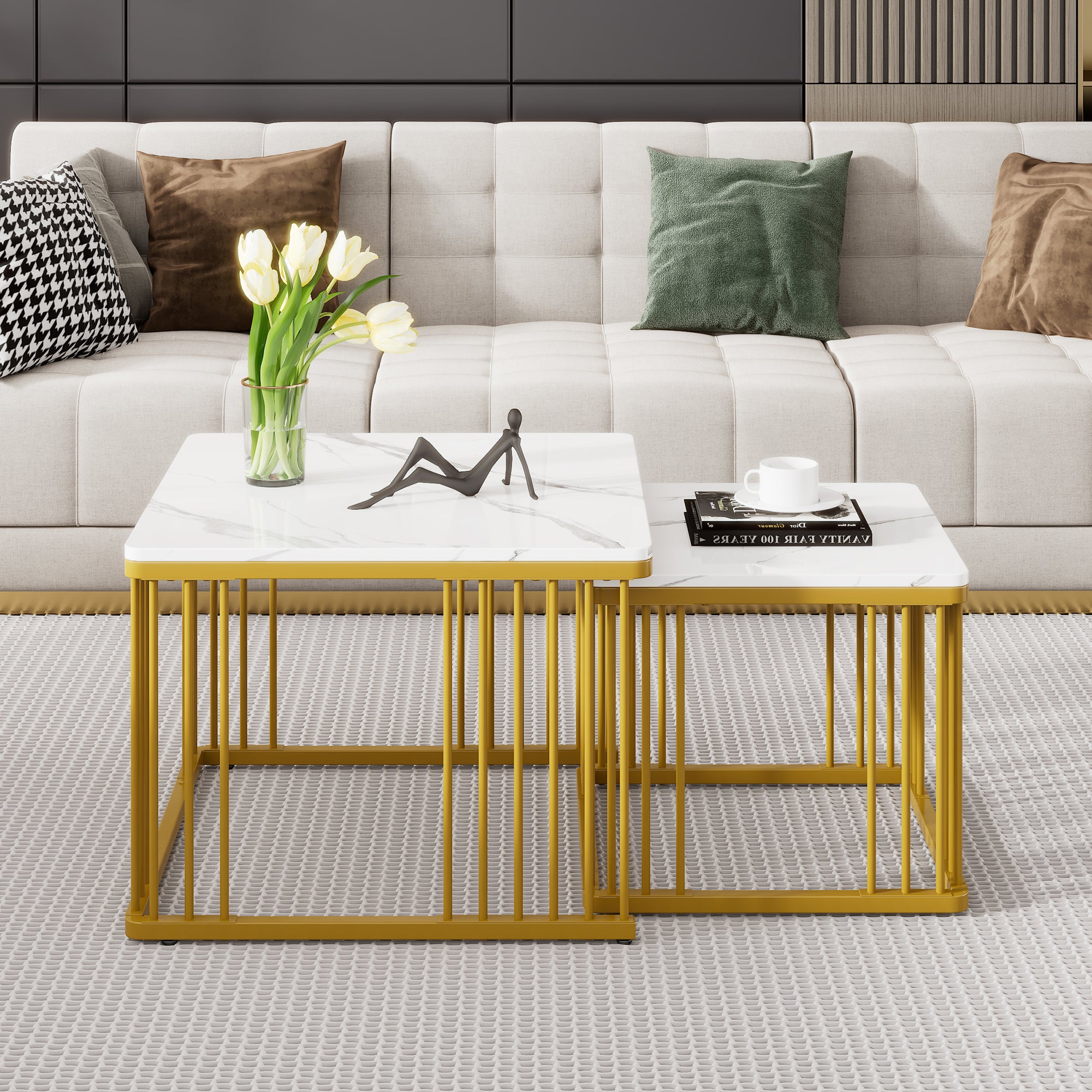 Nesting Coffee Tables Set of 2 Square Marble-Effect High-Gloss - Gold Legs