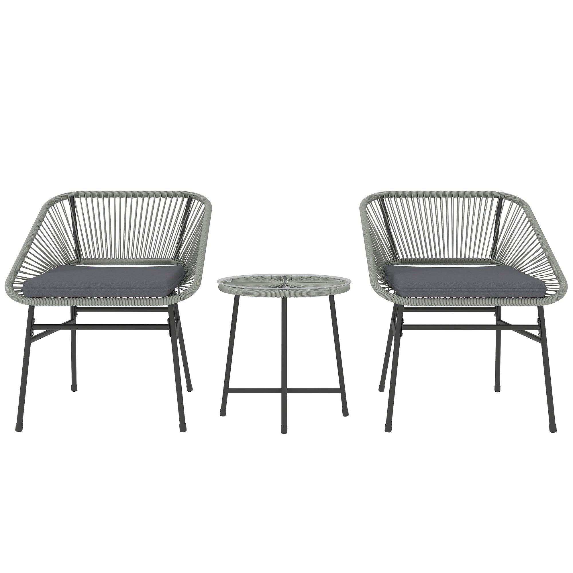 3 Pieces Rattan Bistro Set, Wicker Table and Chairs with Glass Top and Cushions, Light Grey