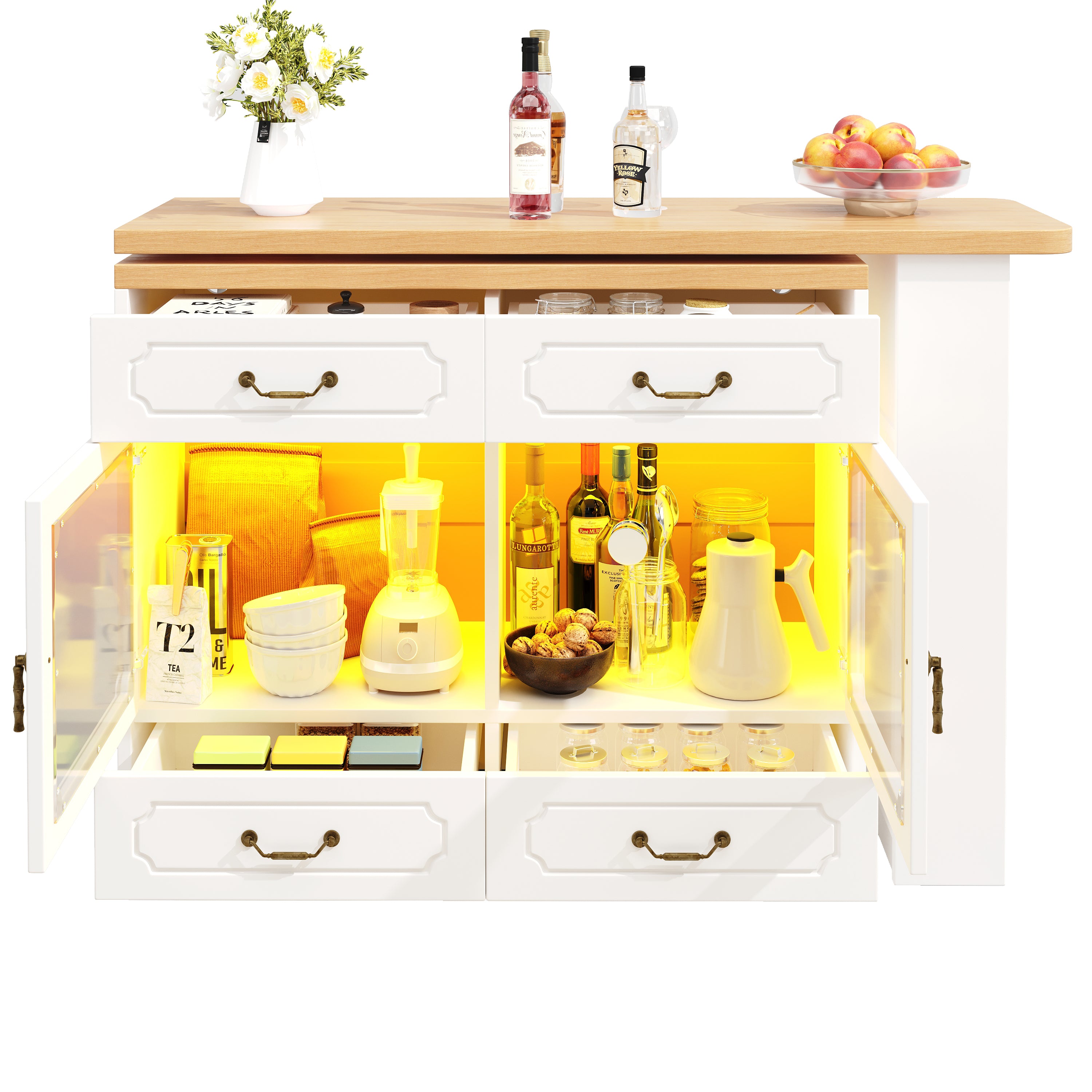Bar Table Kitchen Island Extendable 360° Rotatable LED Storage White