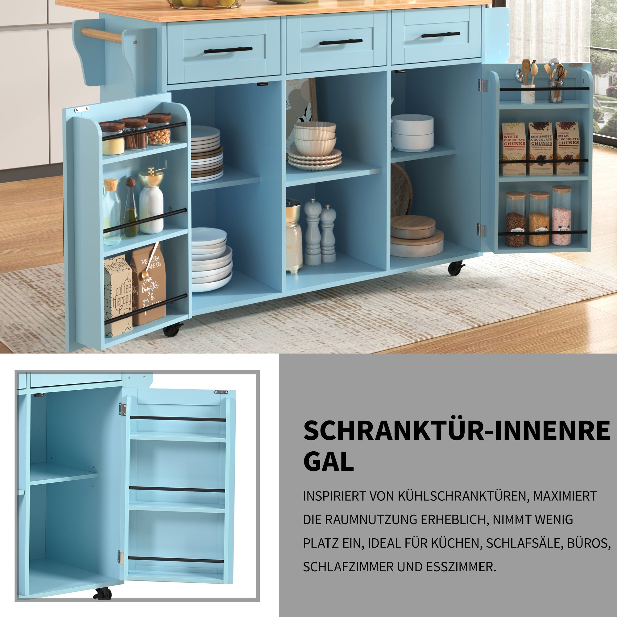 Dining Trolley Sideboard with Fold-Down Worktop and Casters, Blue and Solid Wood Grain
