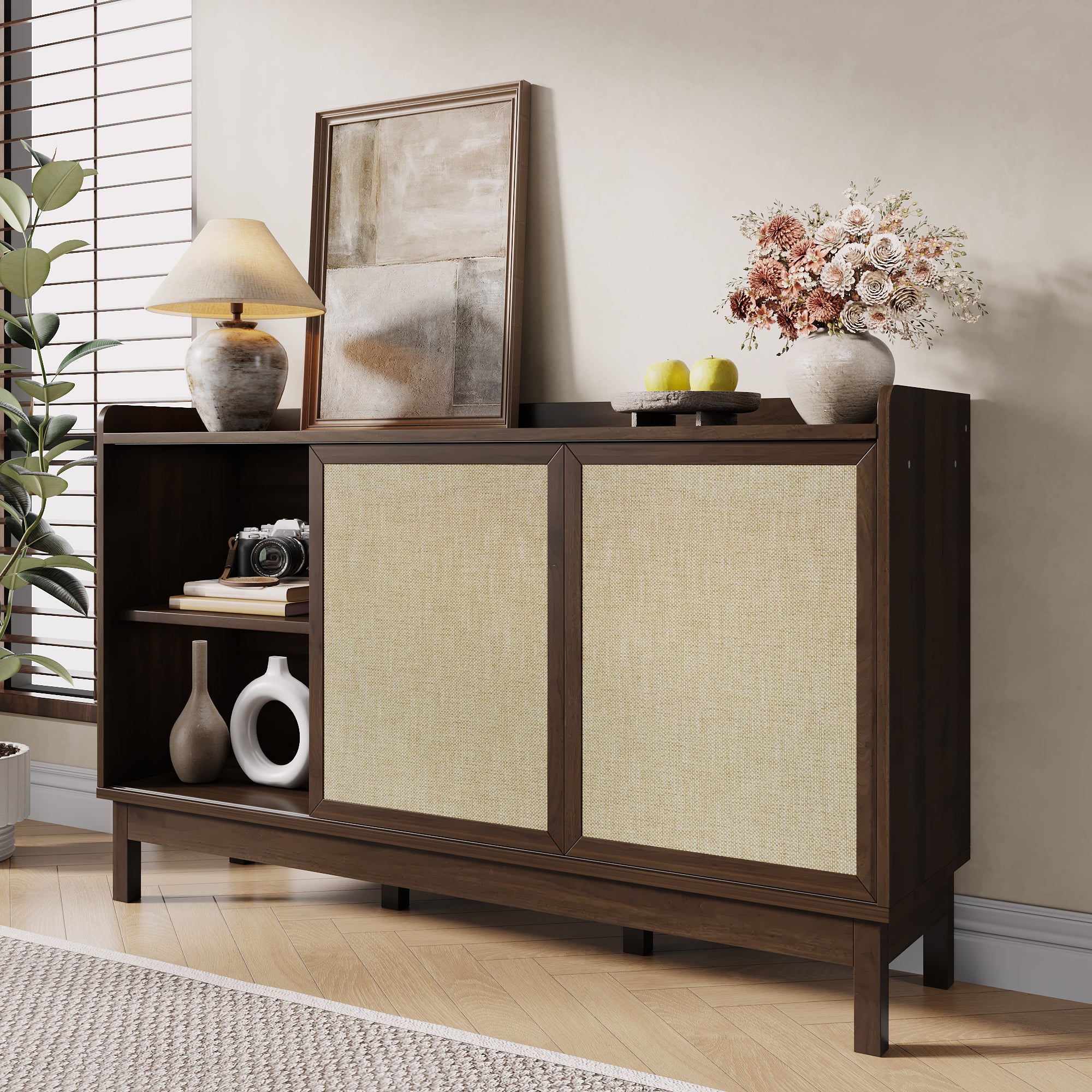 Sideboard Sliding Doors Double Drawers Multifunctional Storage