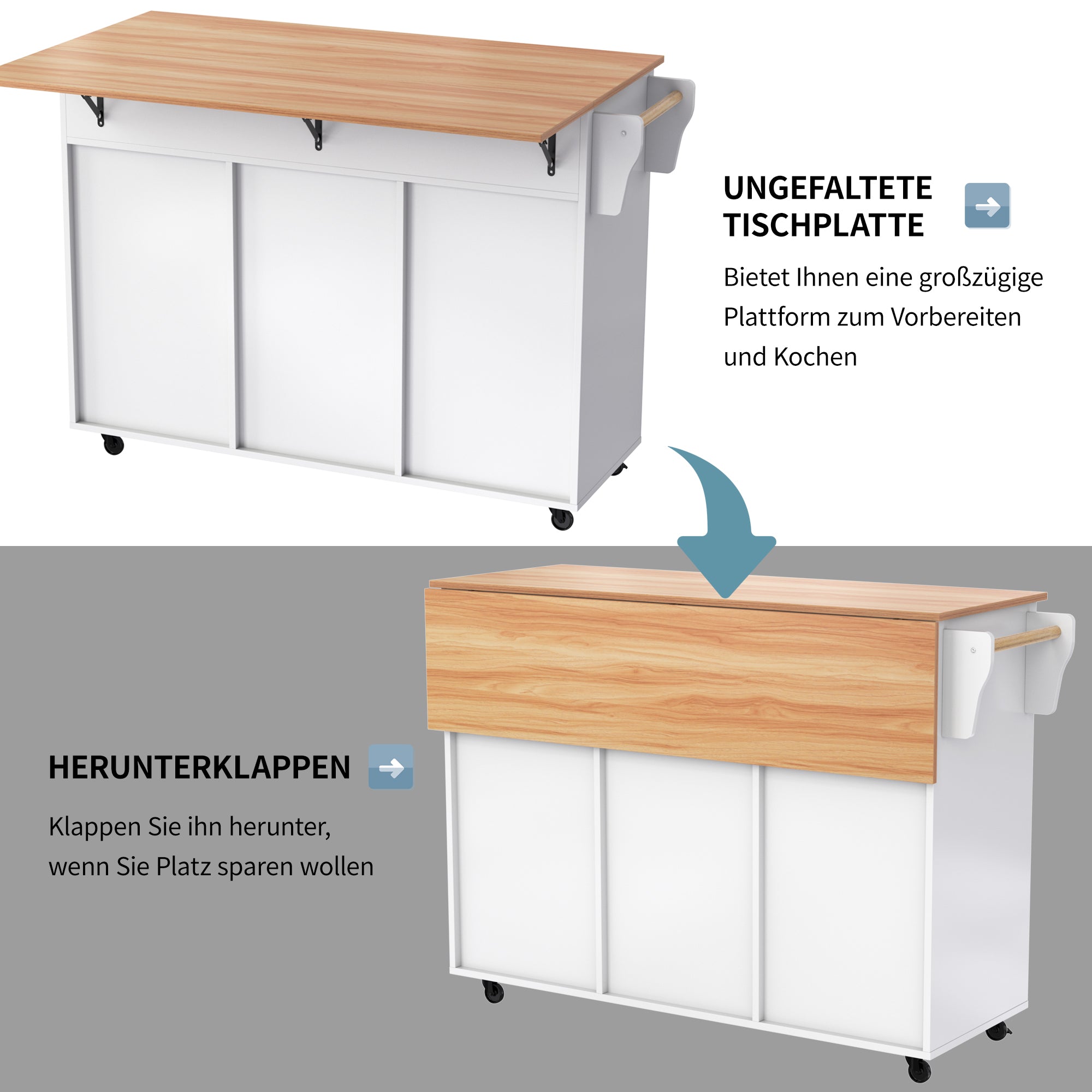 Dining Cart Sideboard 129cm Folding Worktop Storage Cabinet Wheels Reversible Feet - Wood Grain & White