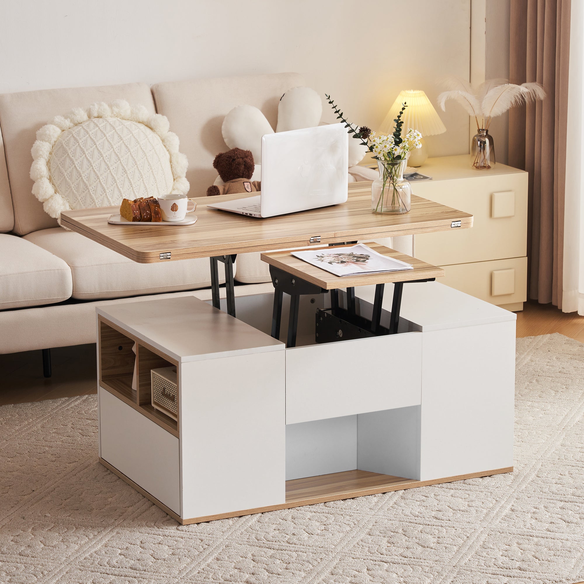 Coffee Table, Liftable Multifunctional with 2 Tables, White Wood