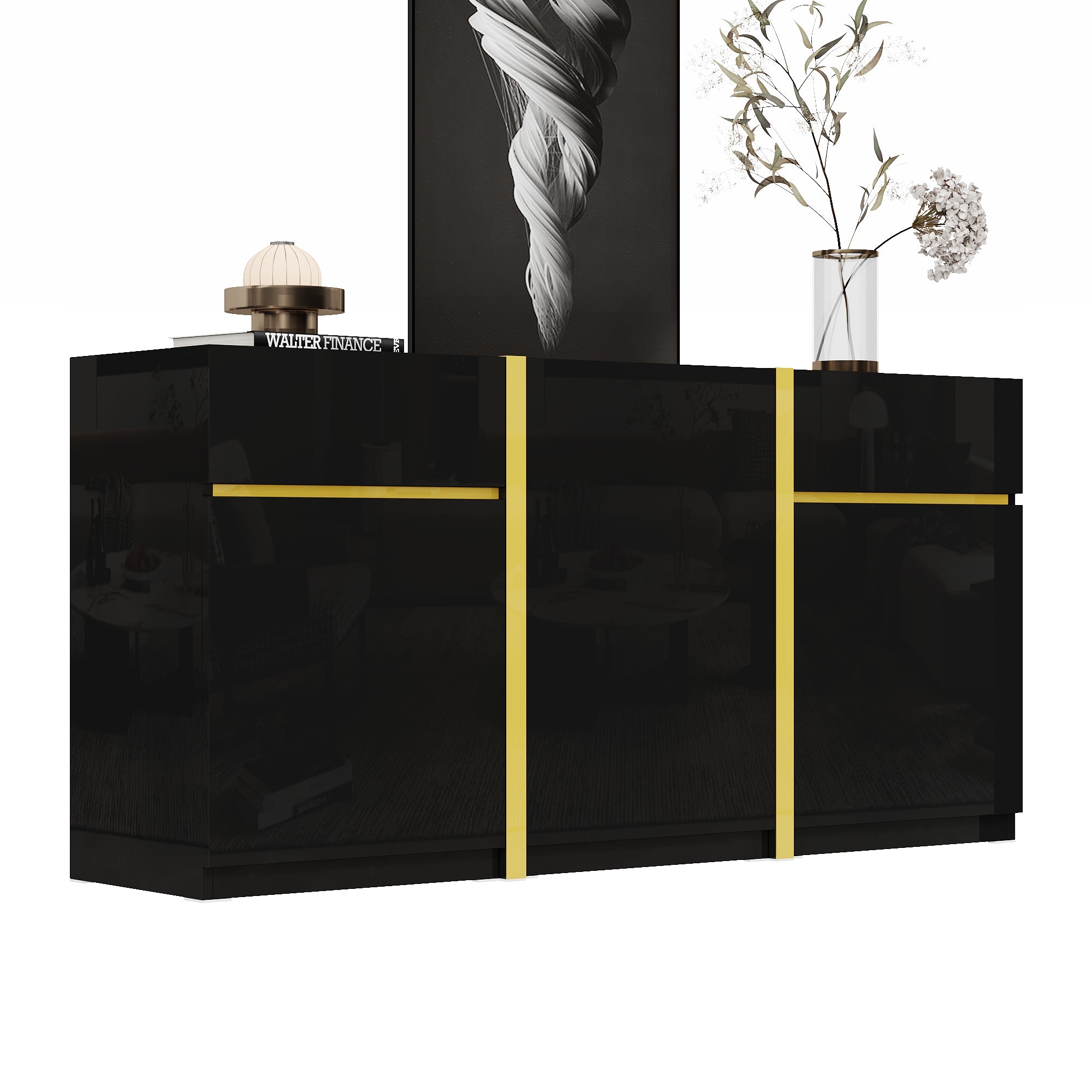 Luxurious Sideboard with 3 Doors and 2 Drawers, High-Gloss Lacquer Finish