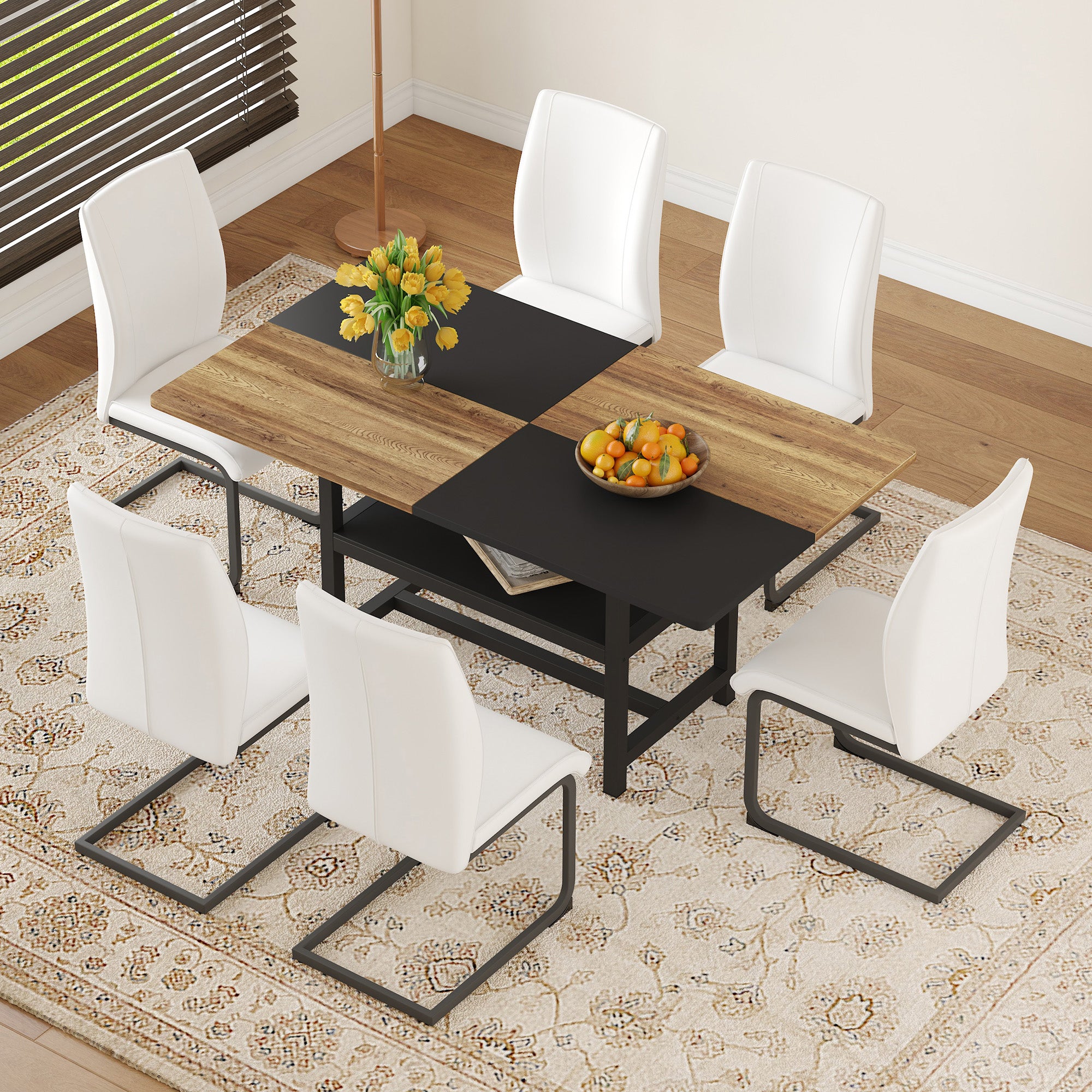 Table Set, Rectangular Dining Table with Storage Shelf and 6 Armchairs 160x90x76 cm, White Faux Leather