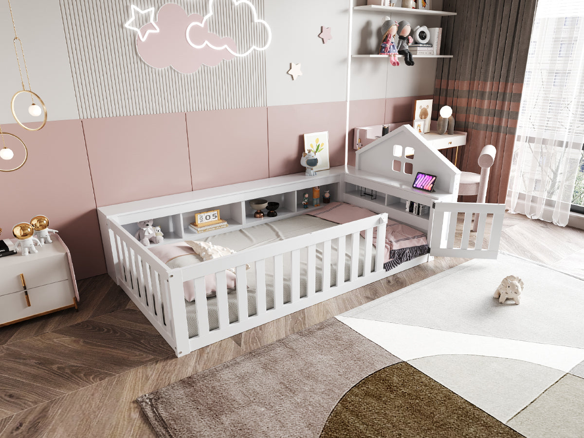 Children's Bed 90x200cm, Roof & Window, Storage, Safety Gate & Door, Solid Wood, White