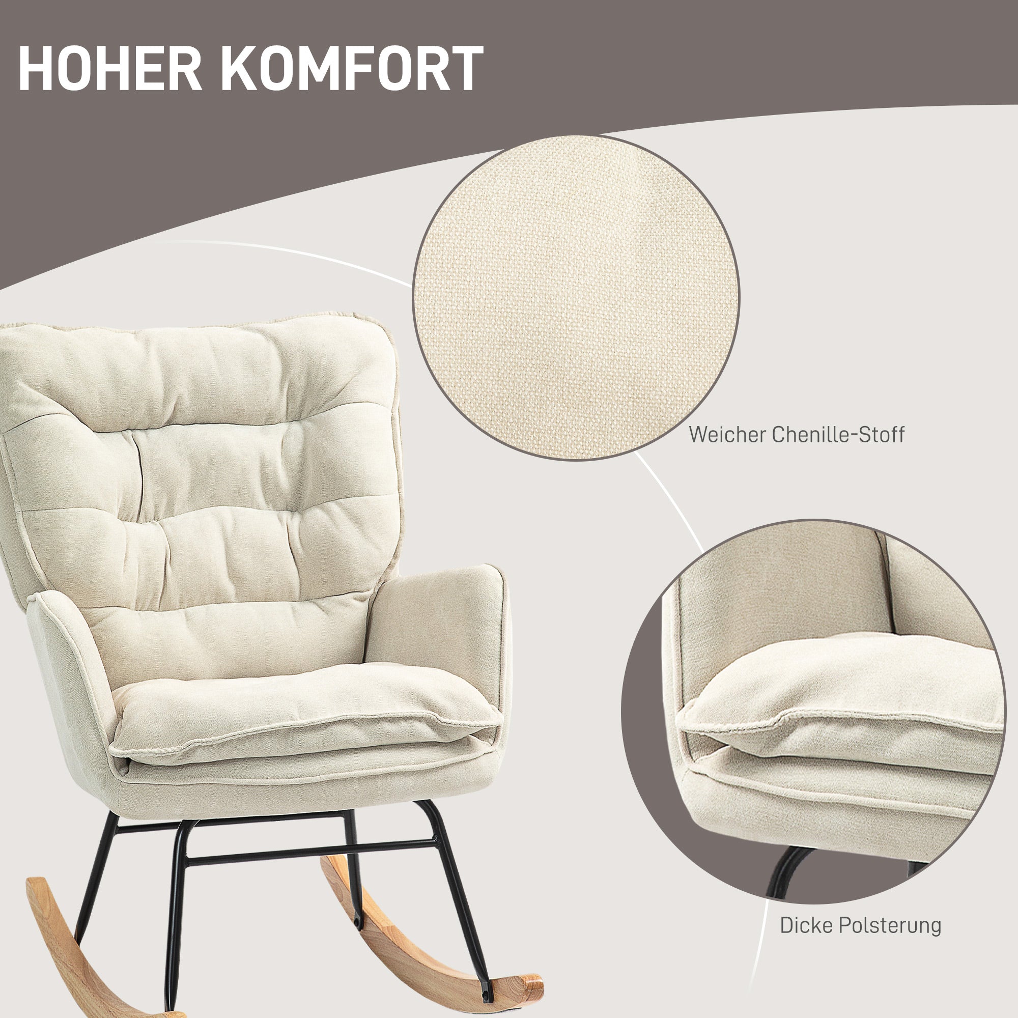 Rocking Chair, Armrests, Nursing, 120 kg Load Capacity, Chenille Look, Beige