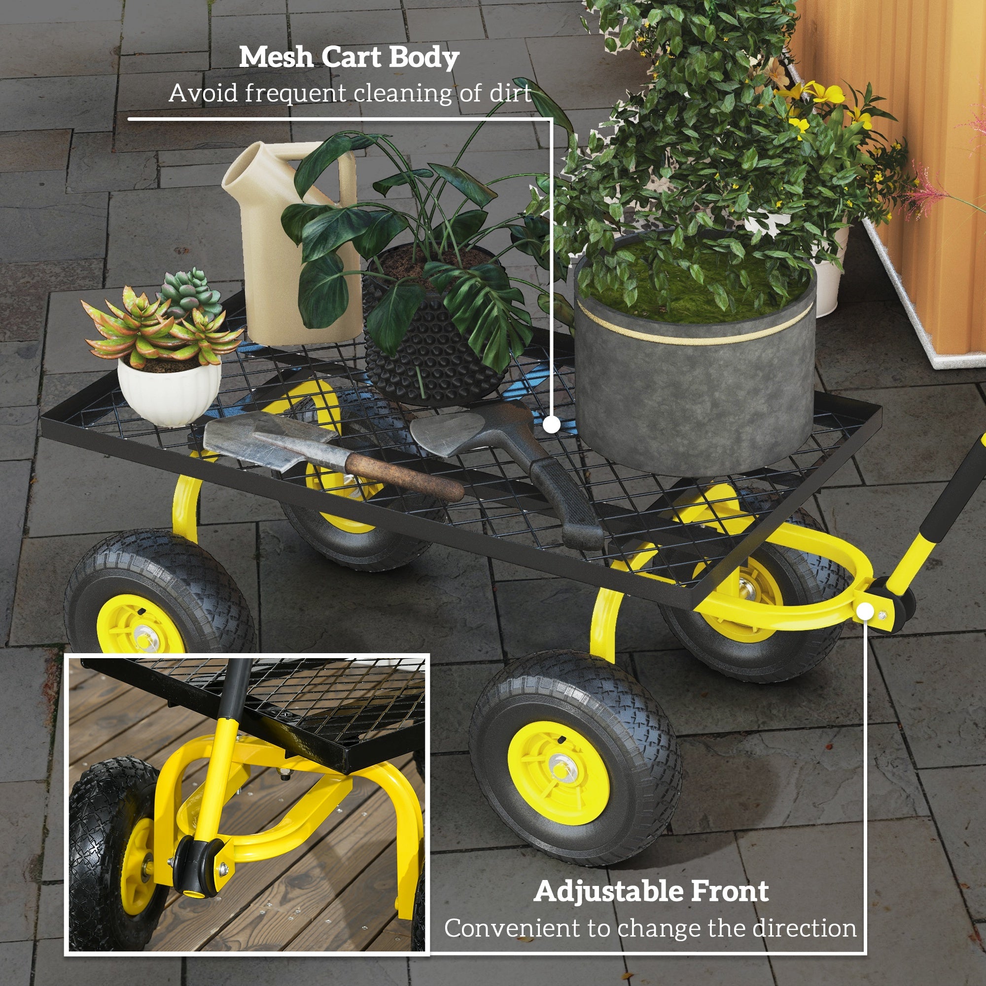 Garden Trolley Cart: Heavy Duty, 10" Pneumatic Wheels, 150kg Capacity, Yellow