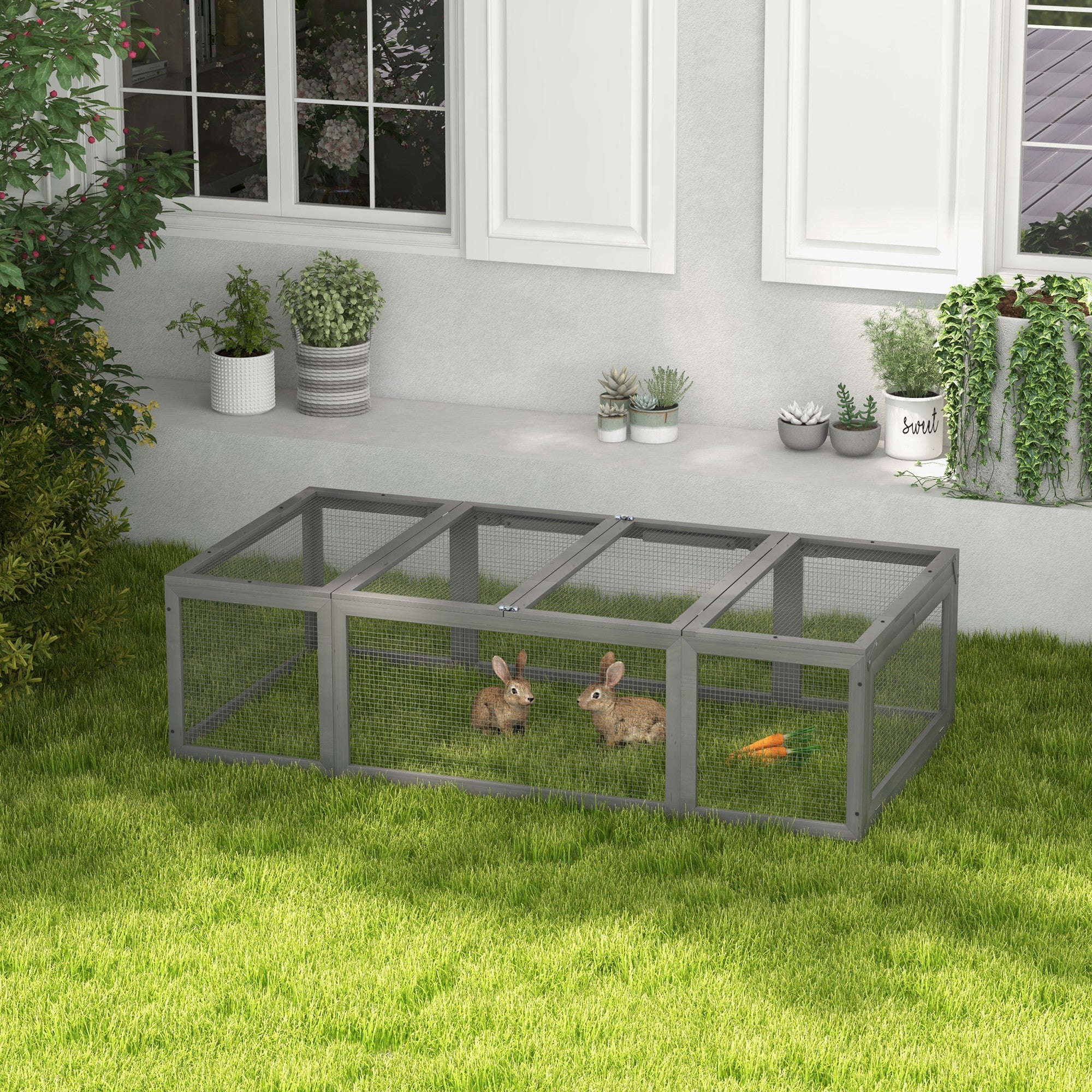 Rabbit Hutch, Winter-Proof Outdoor Cage, 180x90x48 cm, Fir Wood, Gray