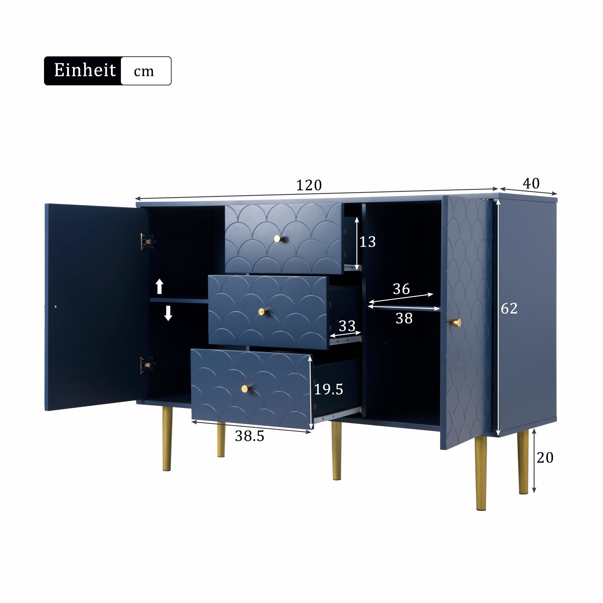 Sideboard Chest 2 Doors 3 Drawers Adjustable Shelf - Navy Blue