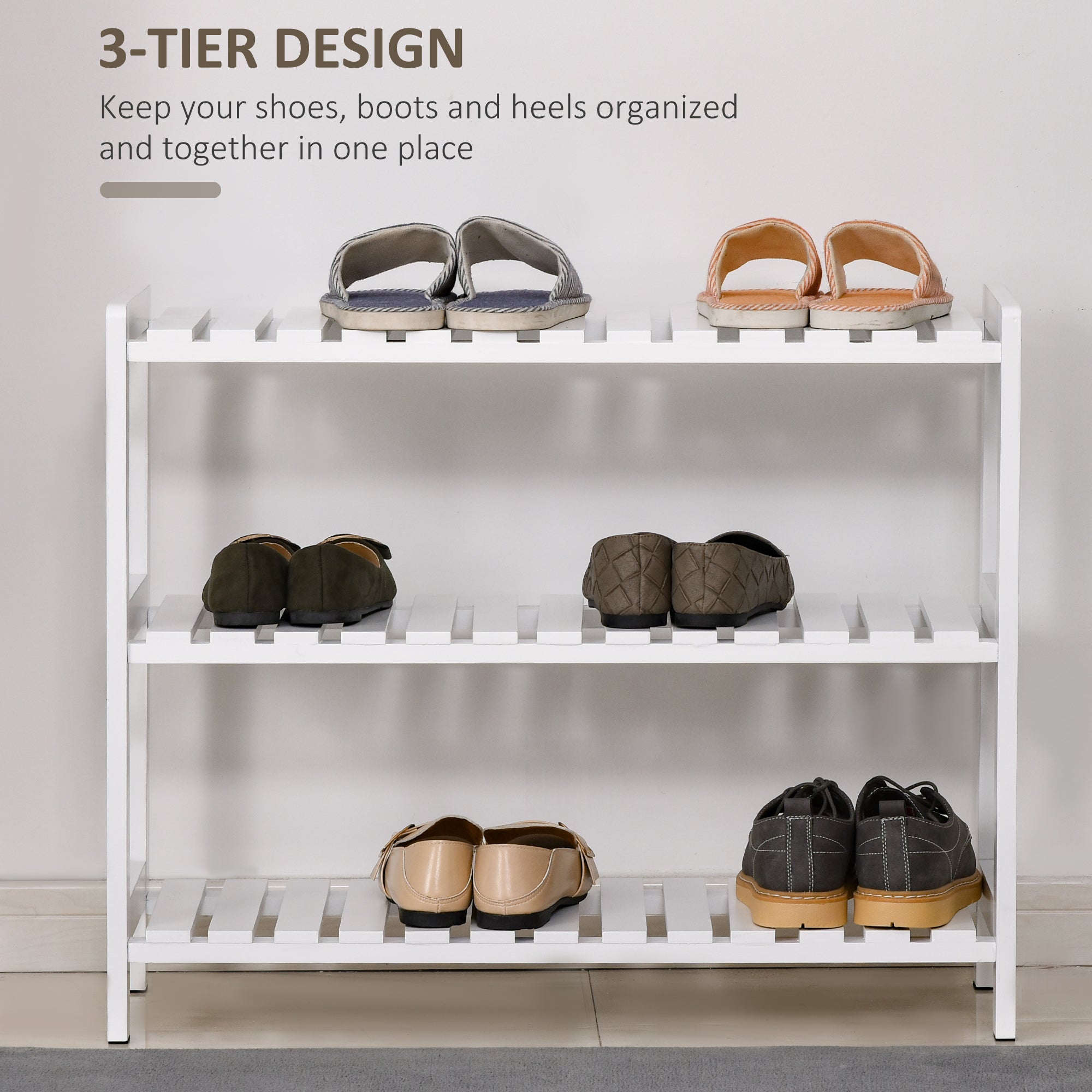 3-Tier Shoe Rack Wood Frame Slatted Shelves White