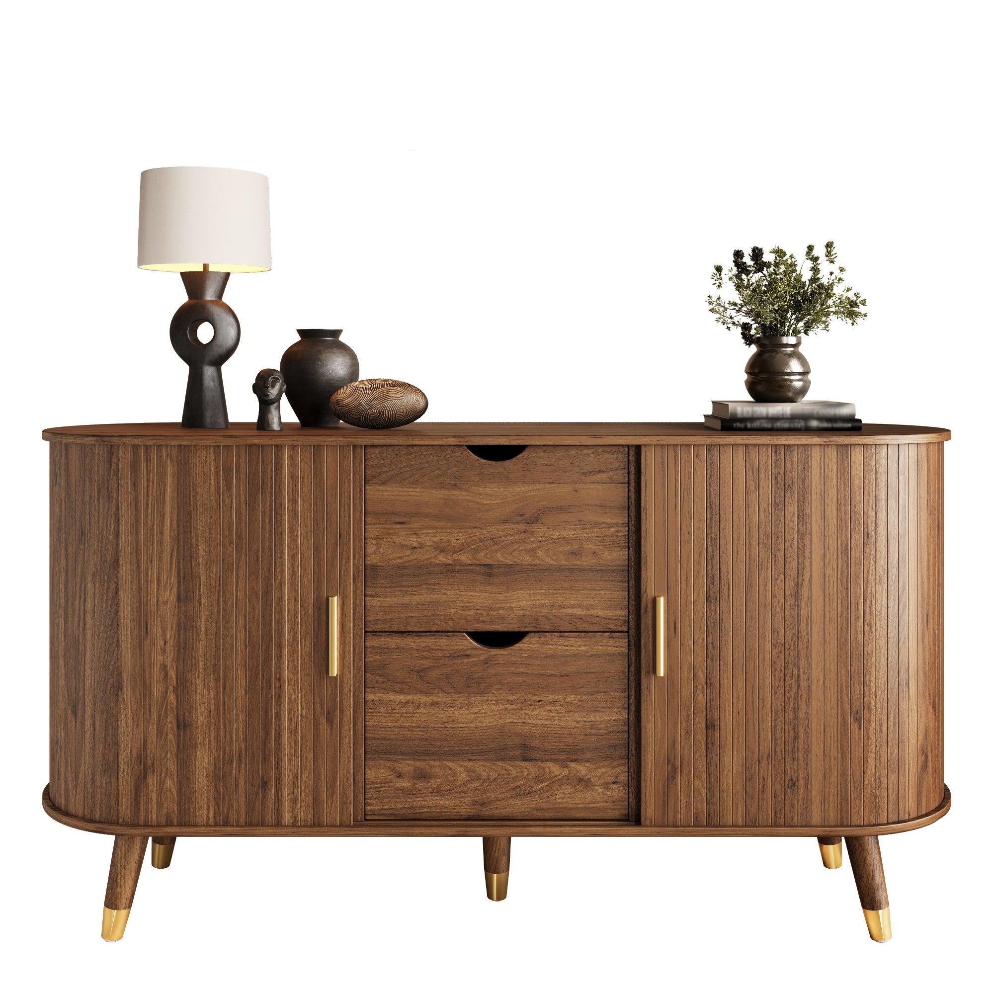 Sideboard with Sliding Doors, Drawers and Rounded Corners, Solid Wood Legs