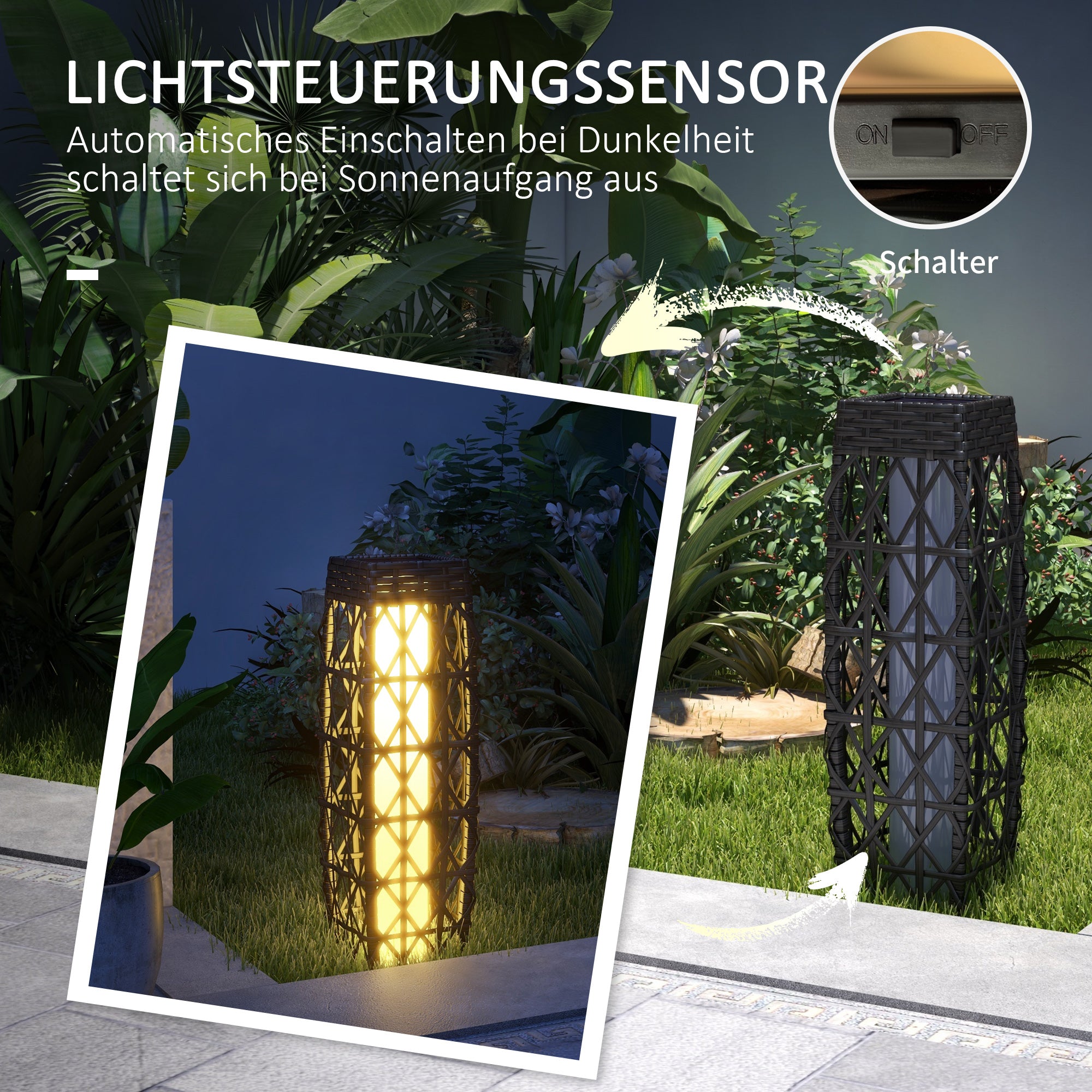Solar LED Garden Light Rattan Light Sensor Outdoor UV Resistant, Grey