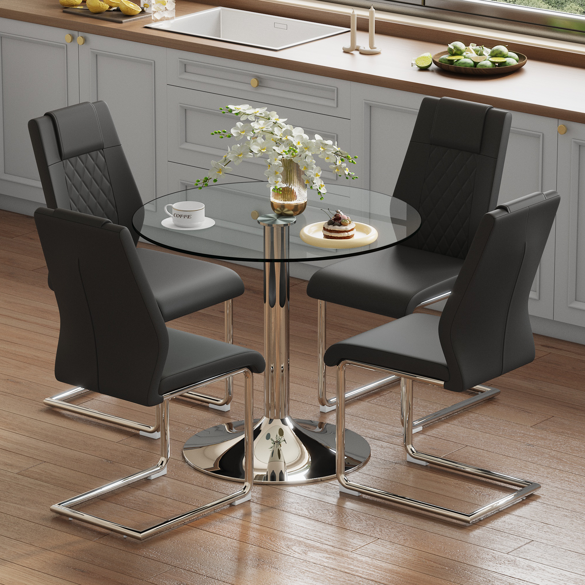Dining Table Set with Chairs, Modern 85 cm Tempered Glass 4 Black PU