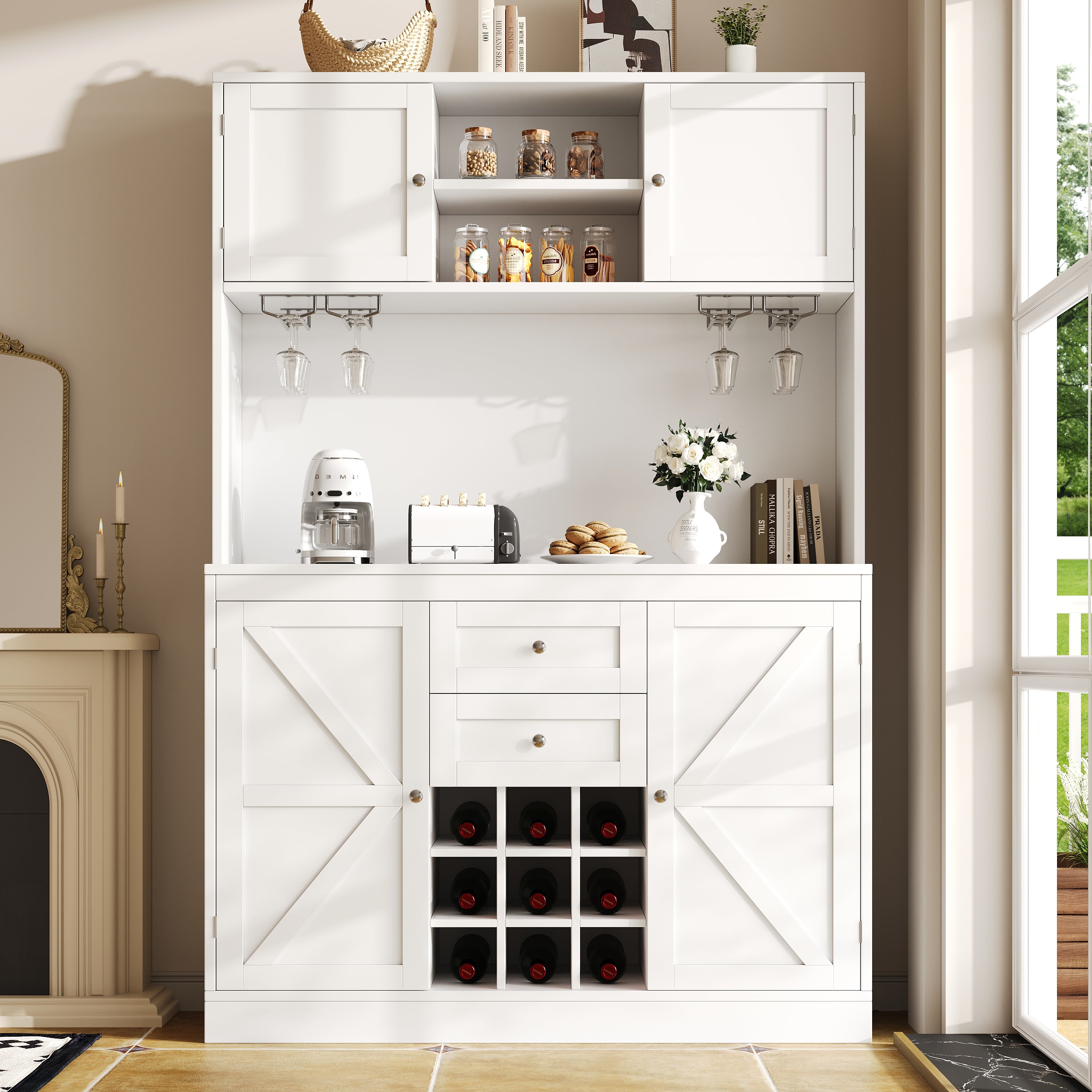 Tall Kitchen Cabinet Buffet Wine Rack Adjustable Shelves 4 Doors 2 Drawers - White
