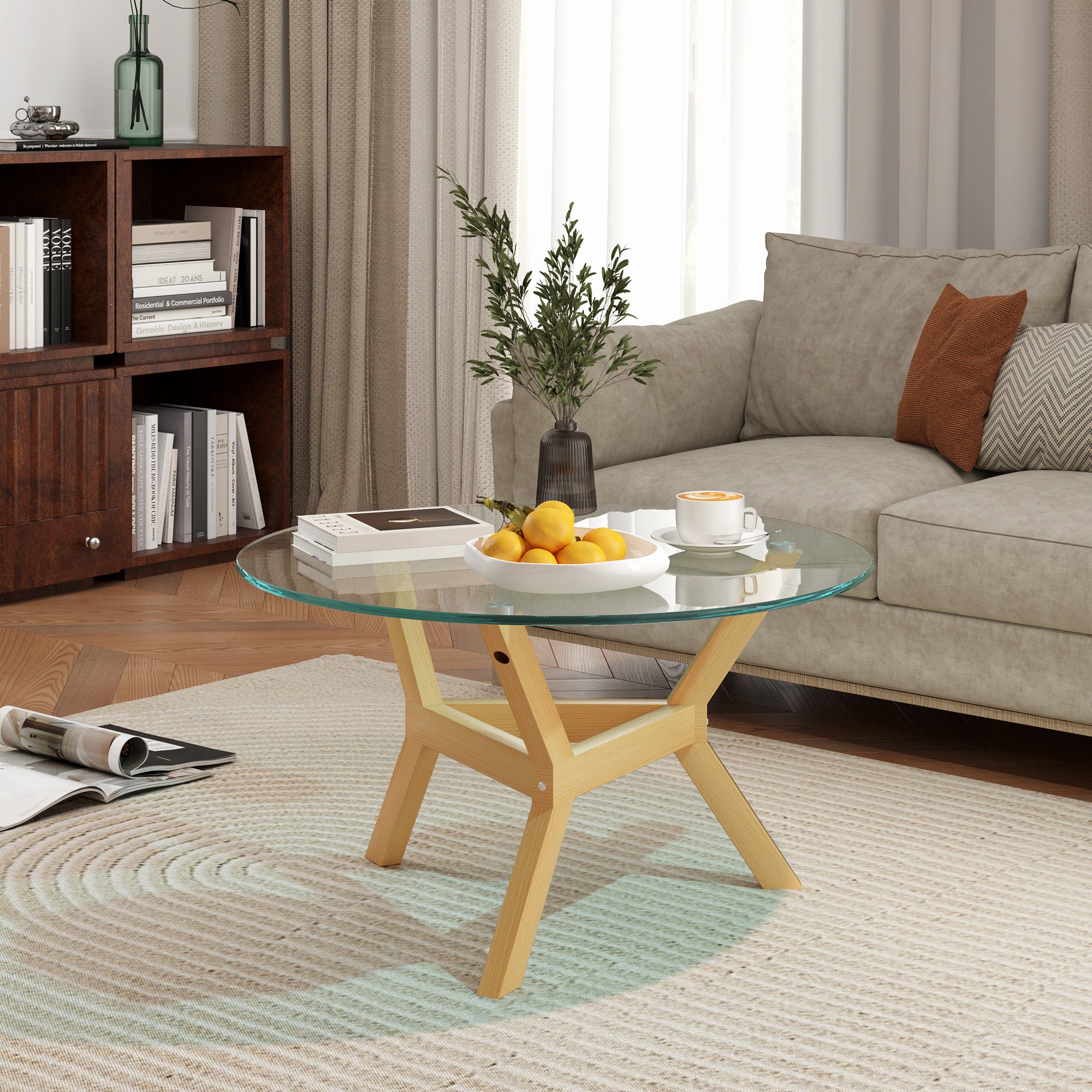 Tempered Glass Coffee Table, Adjustable Foot Pads Steel Frame, Transparent