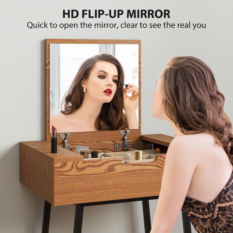 Vanity Desk Flip-Up Mirror 16 Compartments Natural Wood Effect