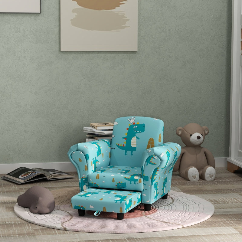 2 Piece Kids Sofa Set, Dinosaur Design Wooden Frame, Blue