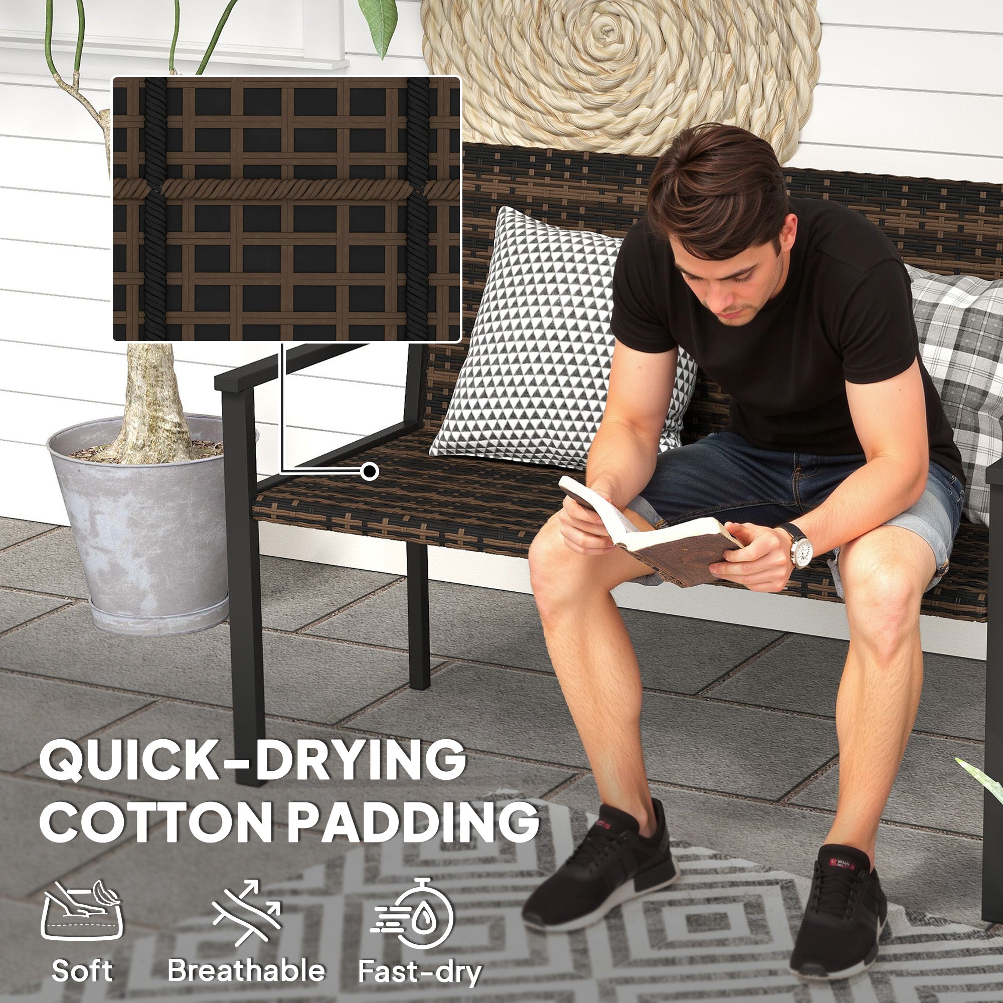 2 Seater Rattan Garden Bench Quick-Drying Cotton Padding Loveseat, Mixed Brown