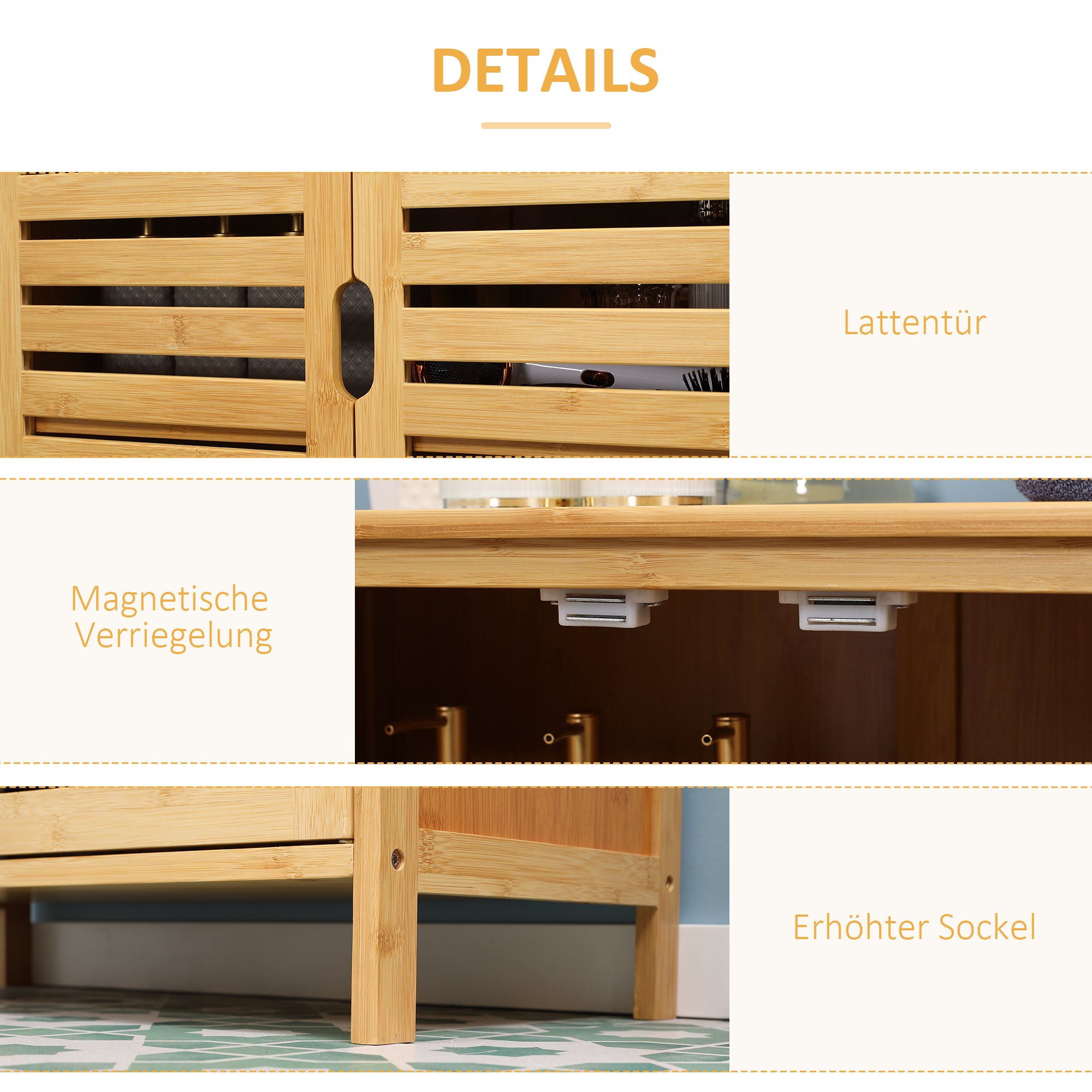 Bathroom Cabinet, 2 Slatted Doors 2 Shelves 68x32x86cm, Bamboo Natural