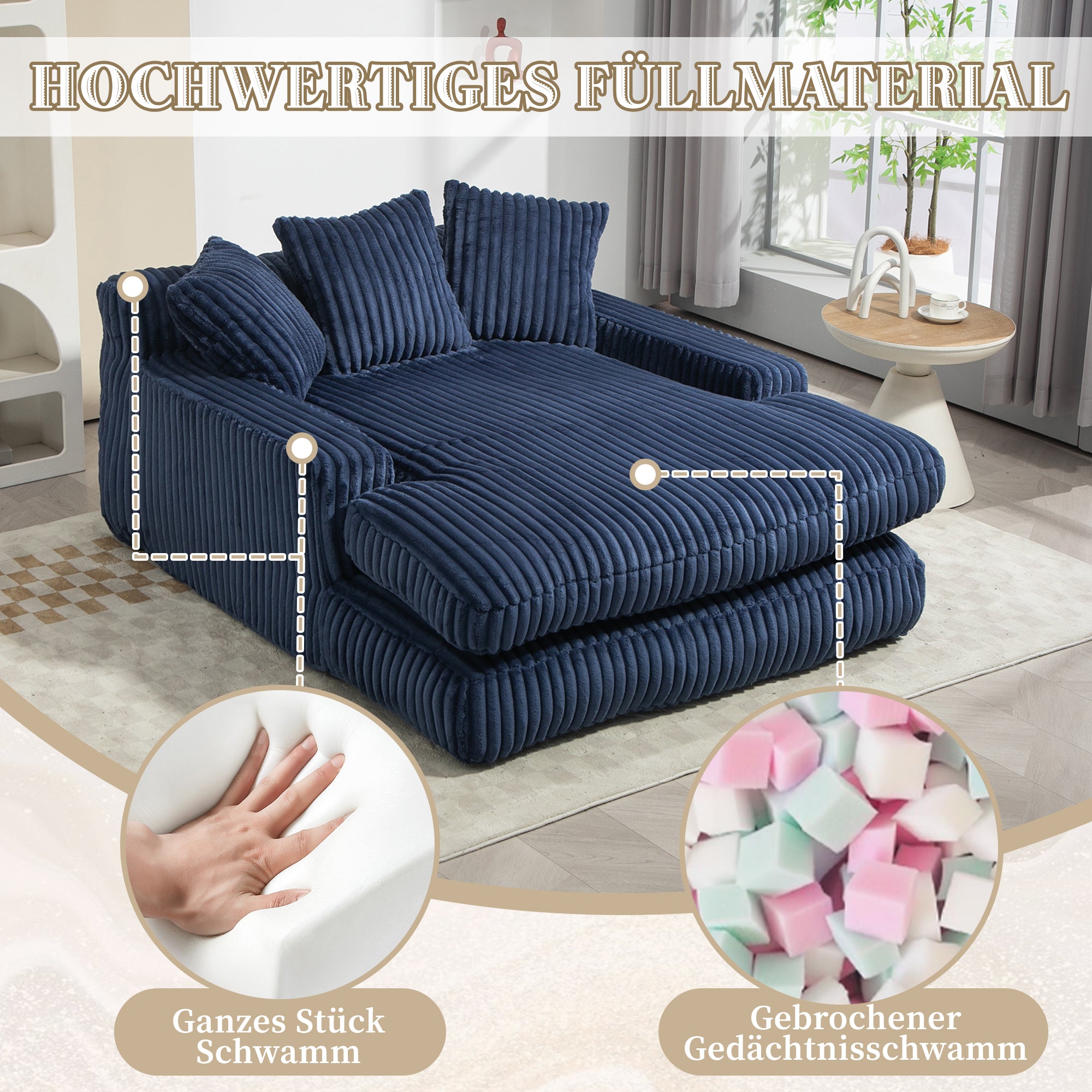 Sofa Bed, Cloud Couch with 3 Soft Pillows, Single Seat, Corduroy Navy Blue