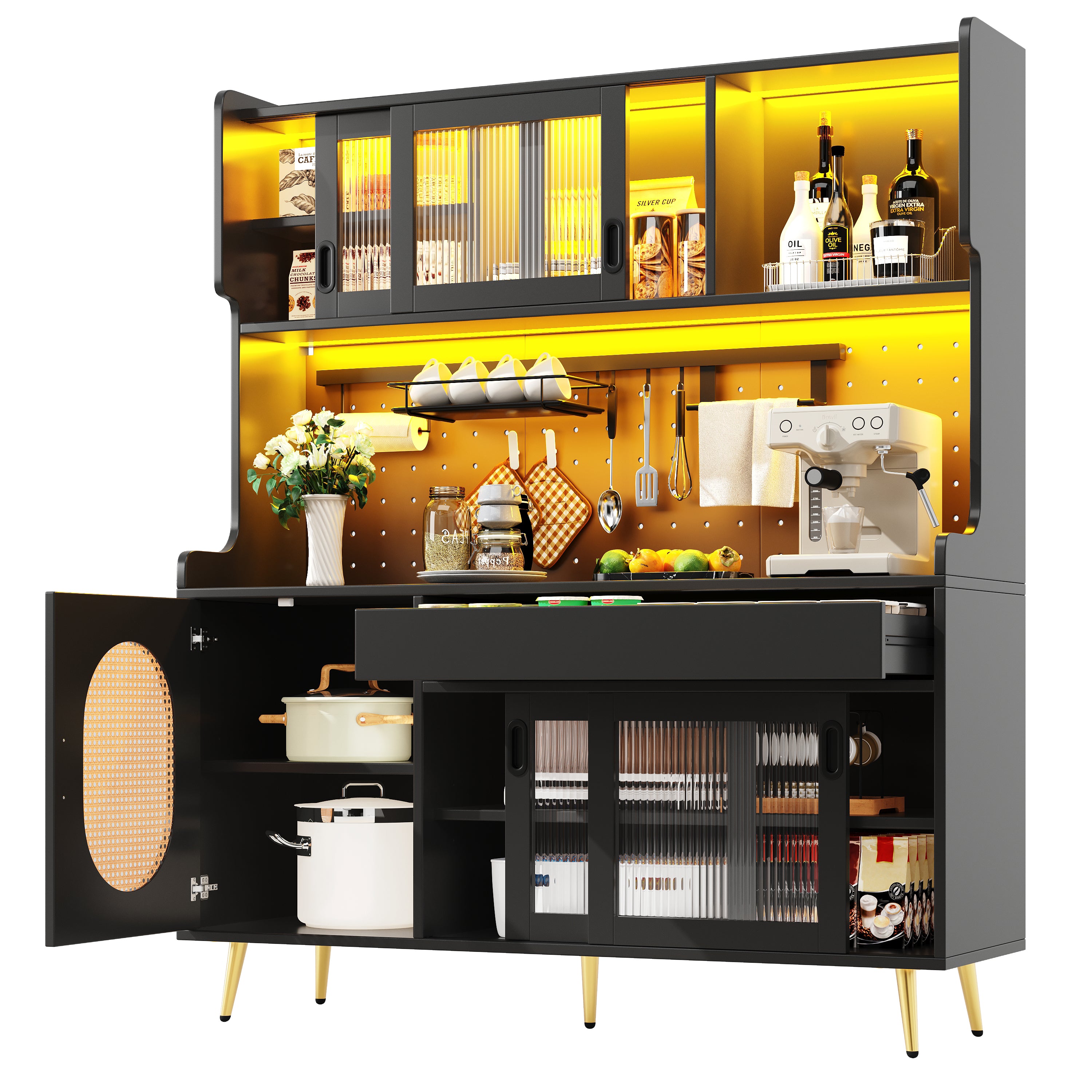 Buffet Cabinet with LED Light Strip and Fluted Glass Doors, Brown and Black
