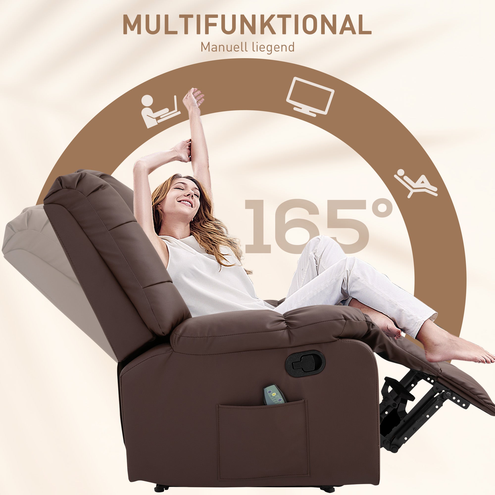 Electric TV Recliner, 165° Reclining 8 Massage Points Remote Control, Faux Leather Brown