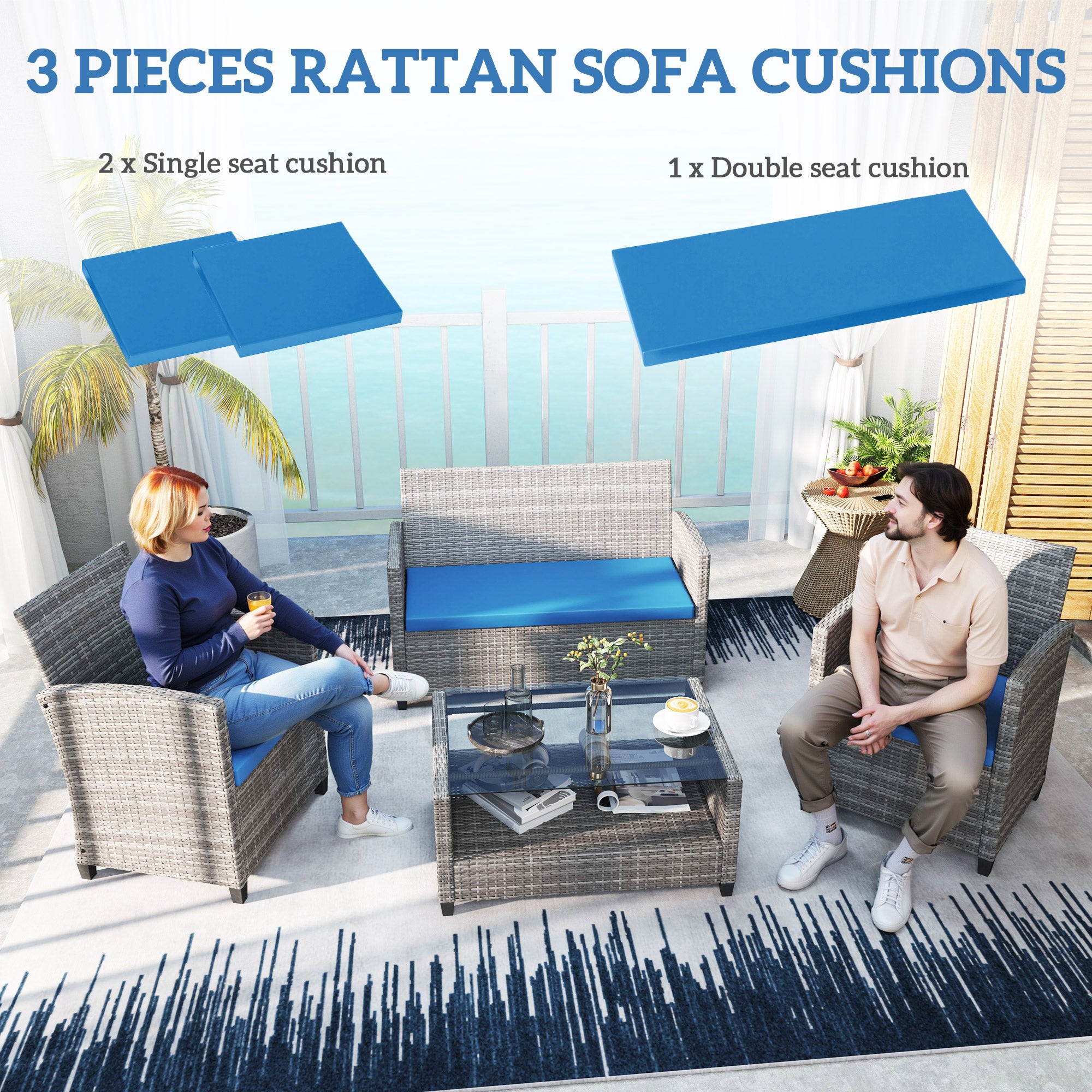 Outdoor Seat Cushion Pads, 3 PC Rattan Furniture Set, Sky Blue