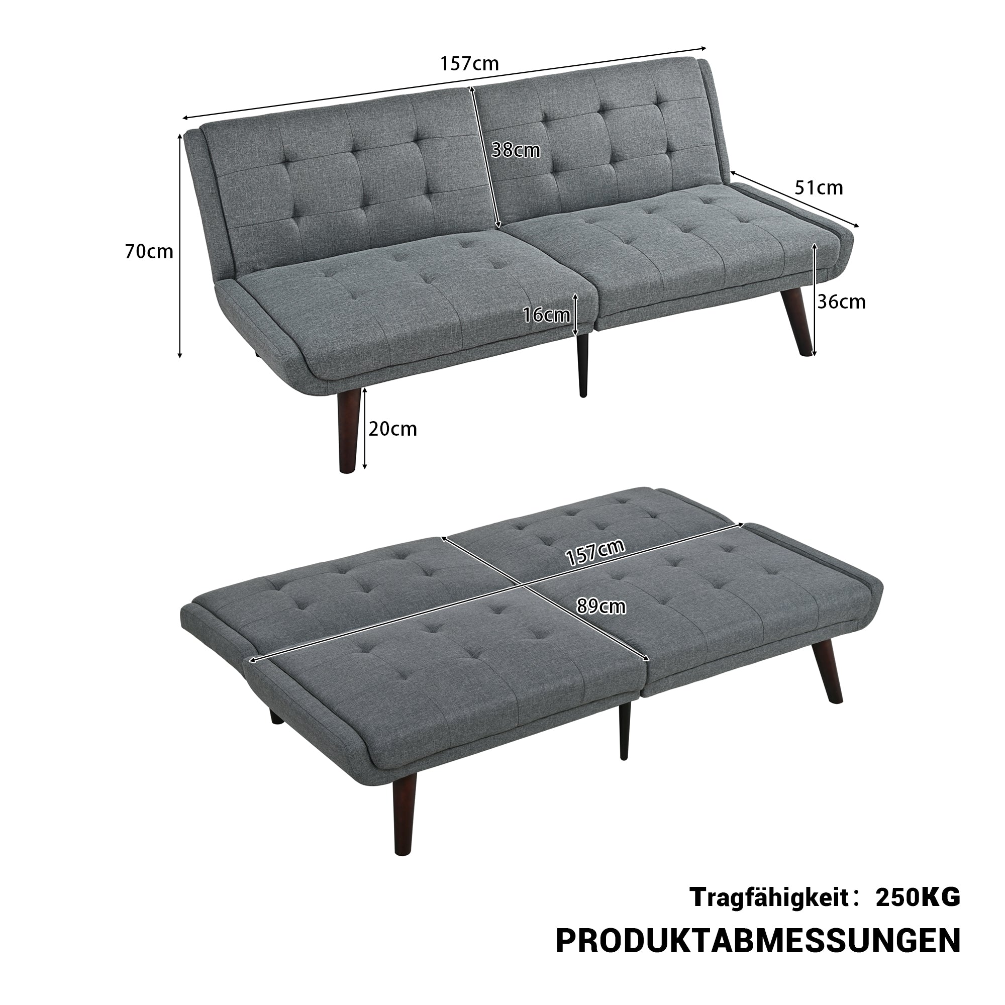 Foldable Futon Sofa Bed 146cm 5-Position Adjustable Backrest - Grey
