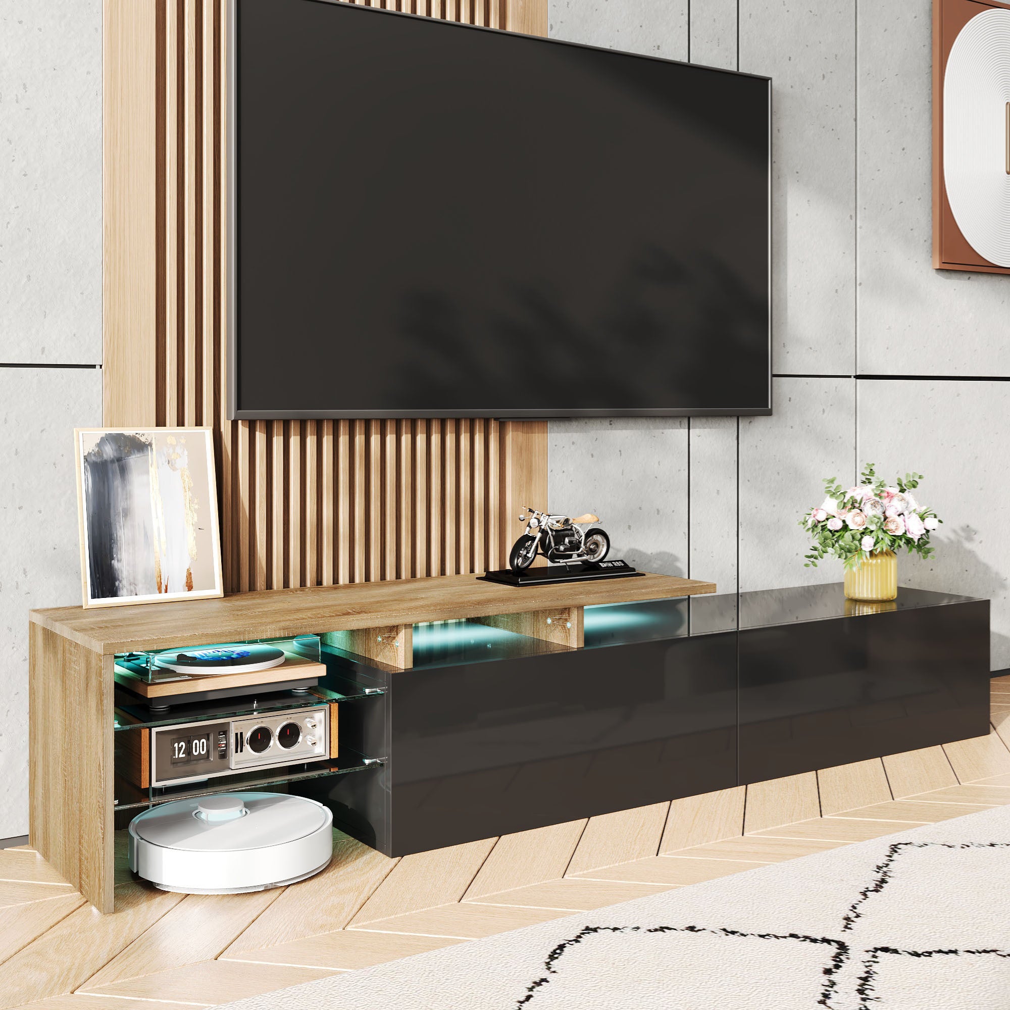 Modern TV Cabinet: Stylish, Elegant, Storage with Glass Shelves, LED Lighting, Black and Wood