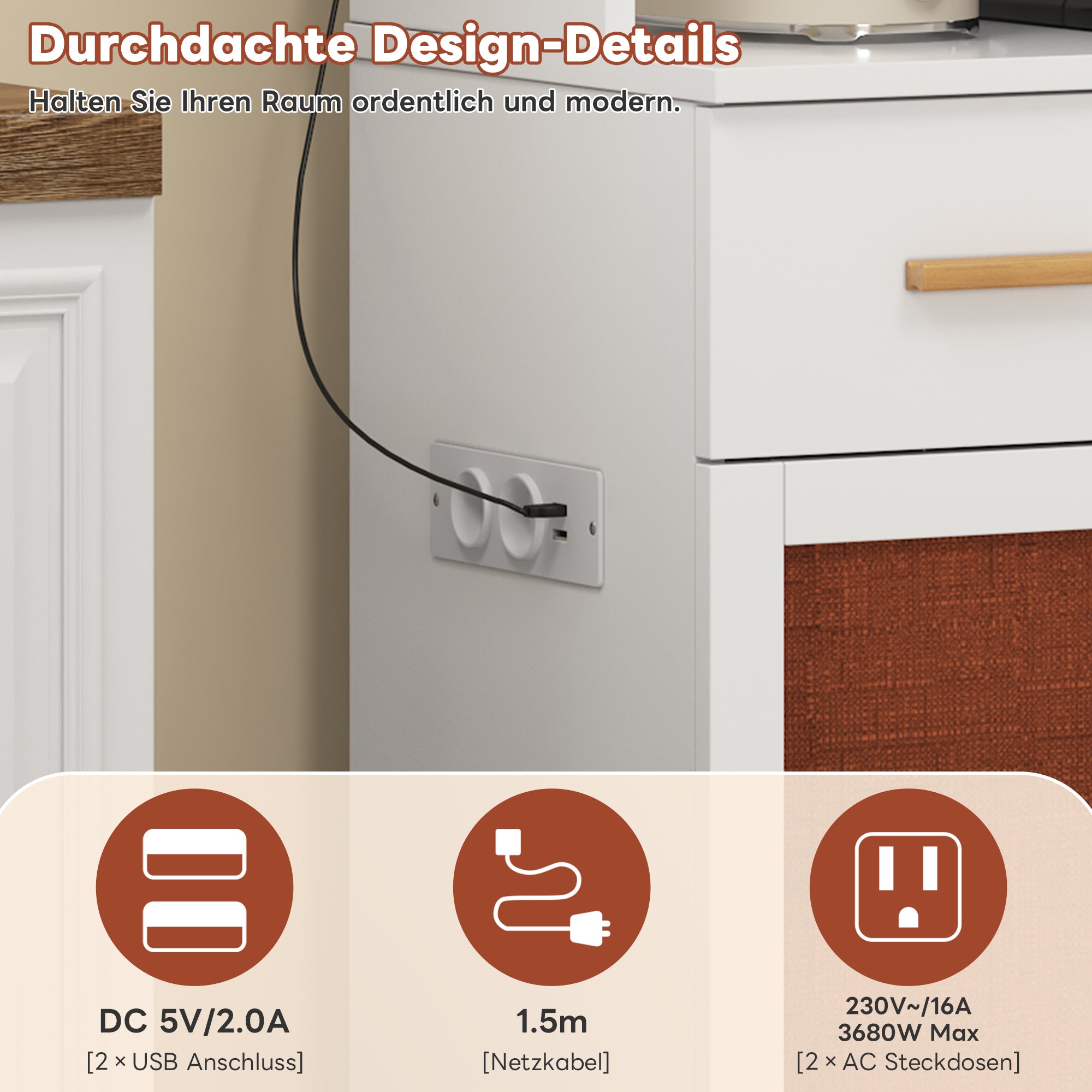 Kitchen Sideboard Tall Cabinet with LED & Socket, White Fabric/Solid Wood