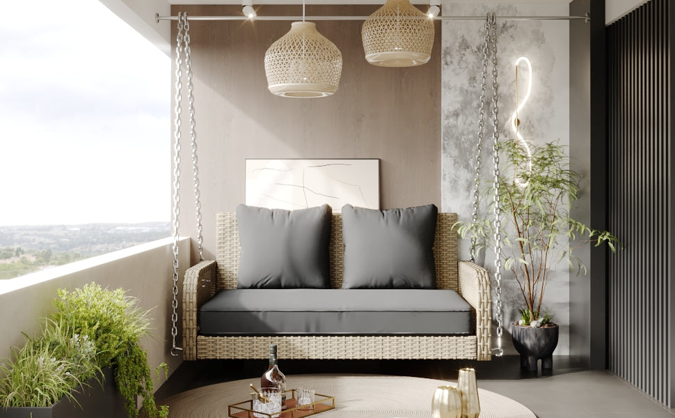 Hollywood Swing 2-Seater Outdoor Rattan, Beige/Grey Cushion