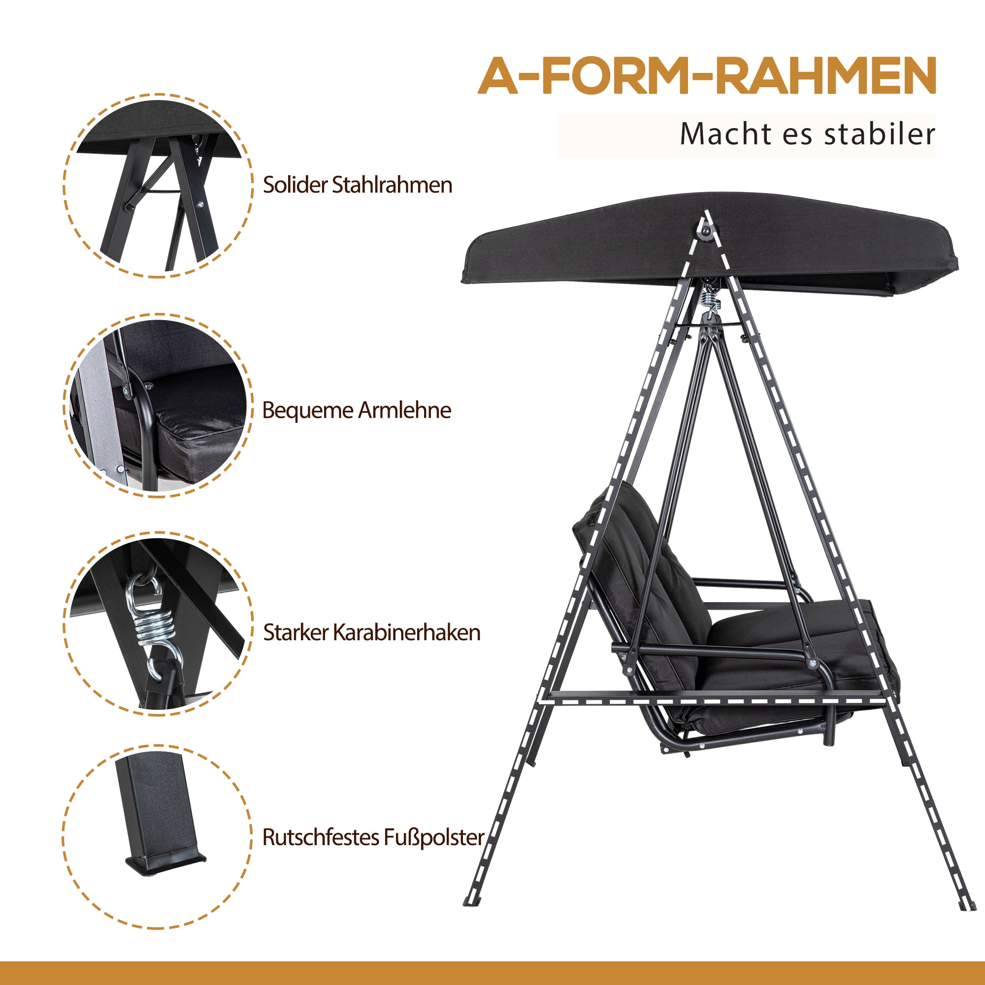 Hollywood Swing 2-Seater Garden Swing Adjustable Canopy 220kg Load Capacity, Black