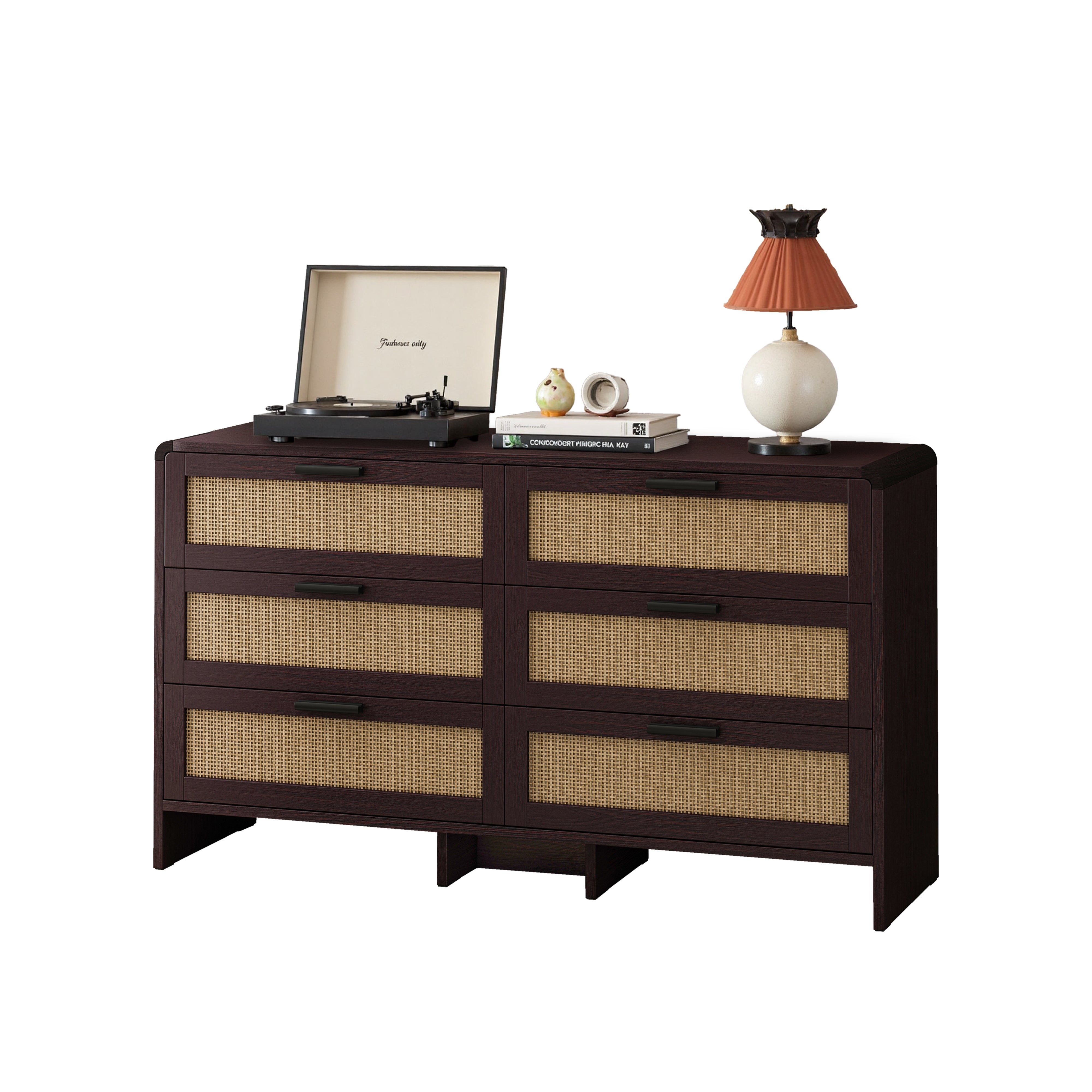 Rattan Cabinet, 130CM Arc Shaped Corner 6-Drawer Storage, Reddish-brown