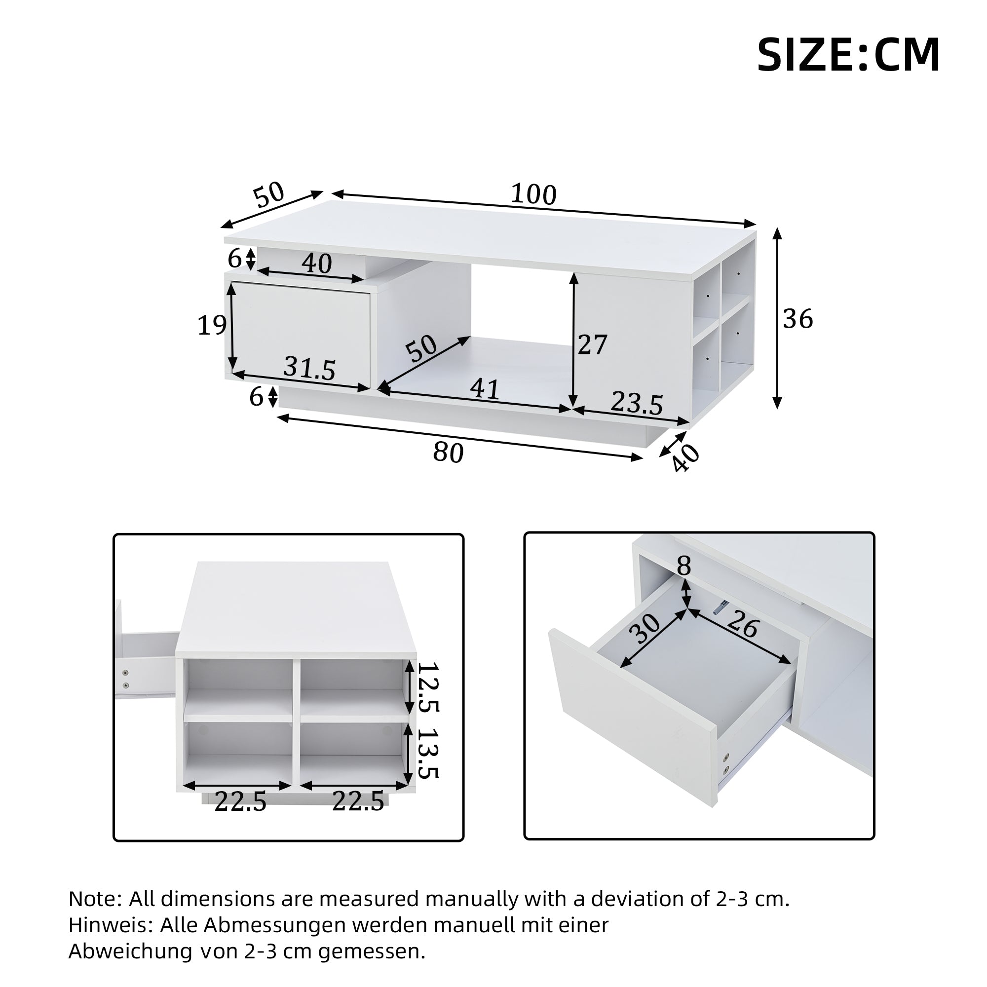 Coffee Table 100x50x36cm High-Gloss LED Side Table with Drawer and Storage White