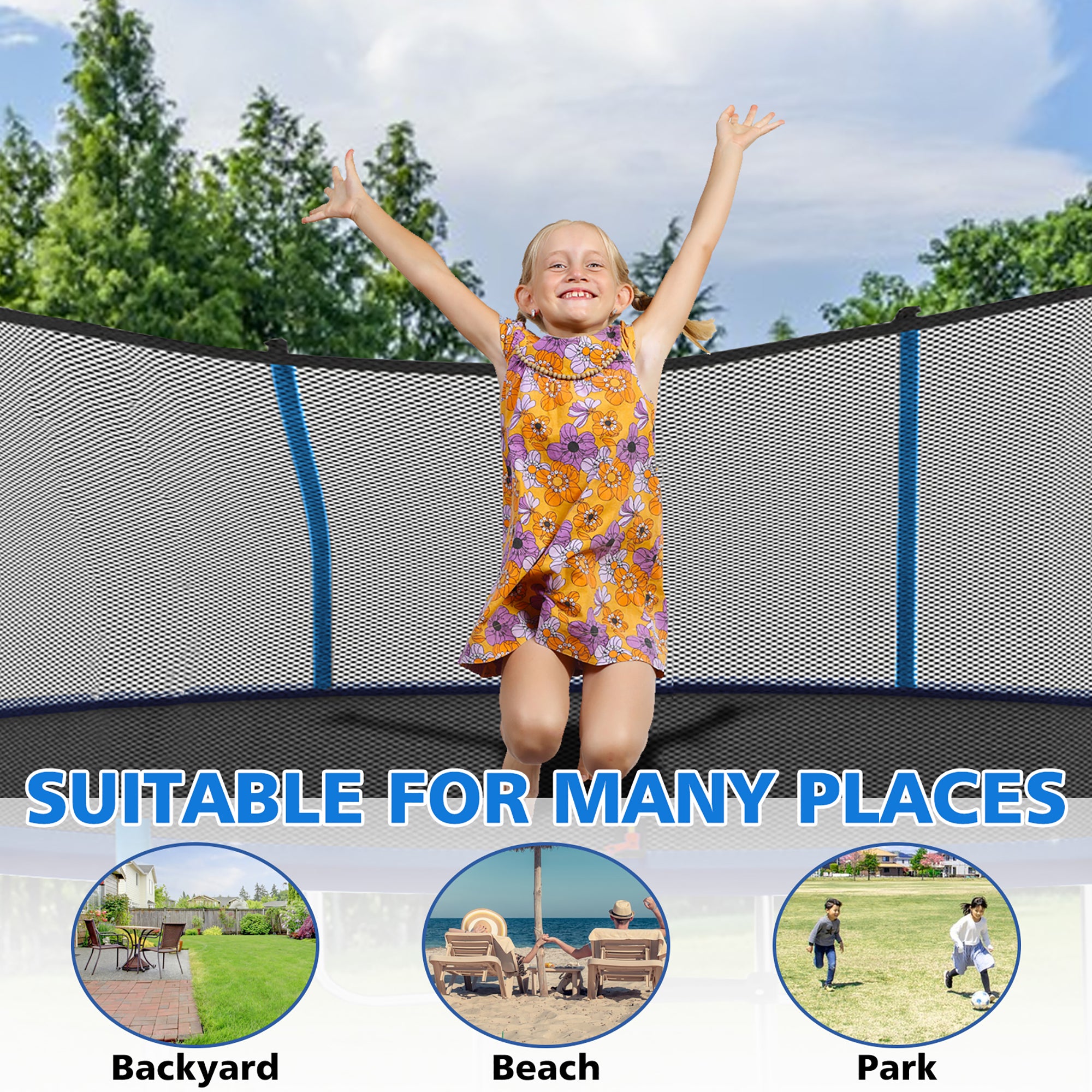 Trampoline 8-12FT Adjustable, Safety Enclosure Net & Spring Pad, Heavy-Duty Galvanized Steel Frame, 400lbs Capacity, Blue